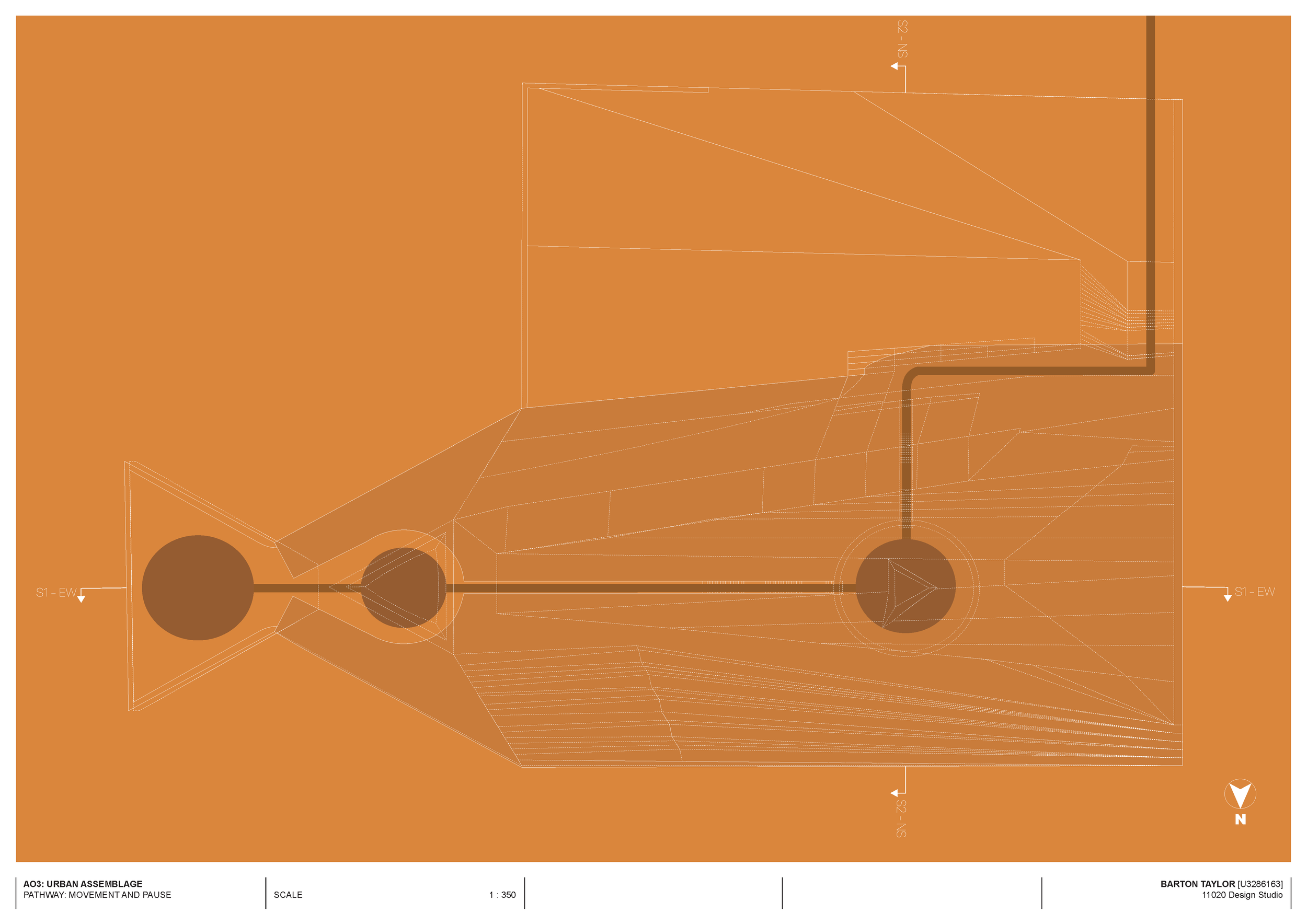 Architectural diagram of an urban pathway showing movement and pause points, with a dark path line connecting various circular nodes on an orange background, including directional labels and a north arrow.