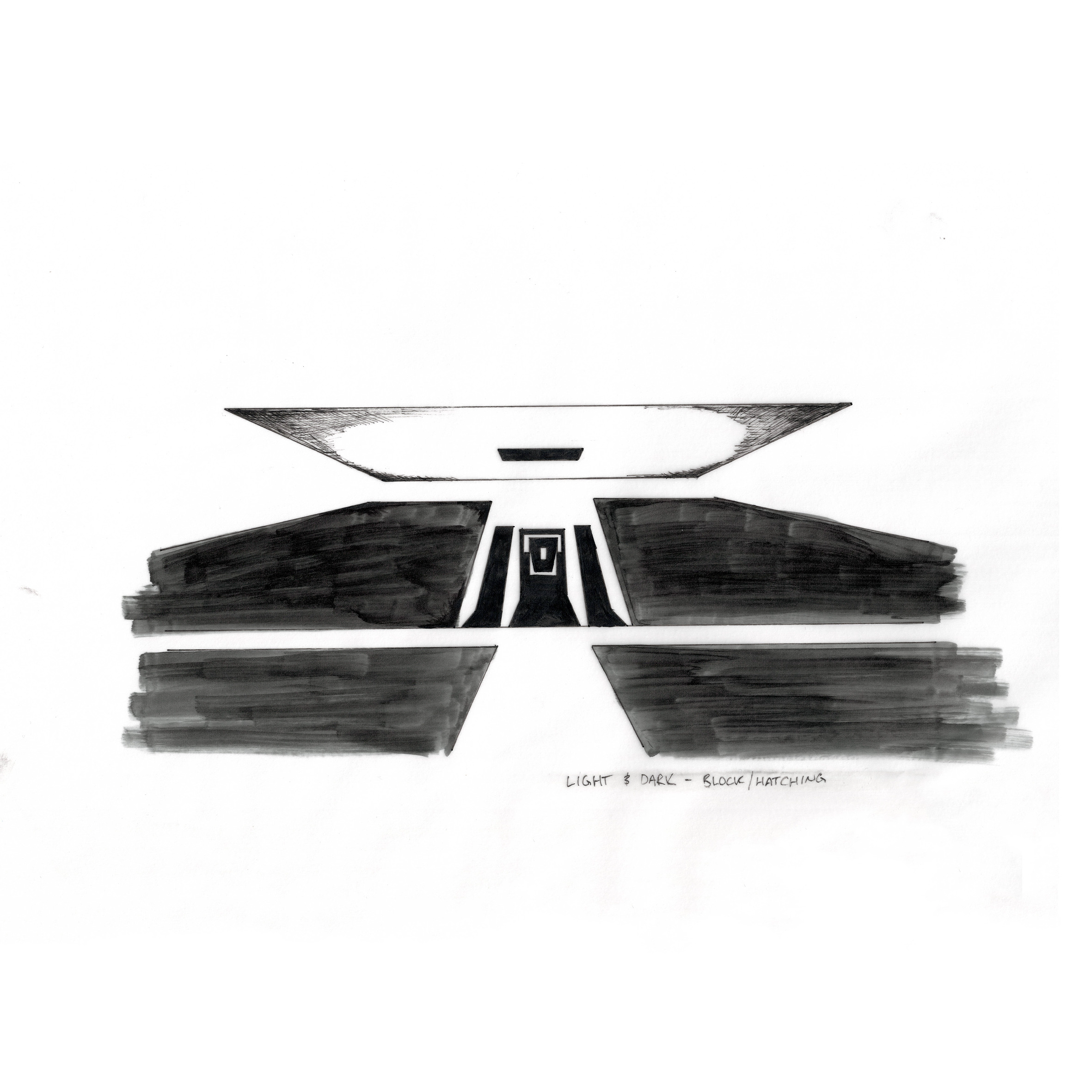 Black and white sketch of a modern building with geometric shapes, labeled 'Light & Dark - Block / Hatching'.