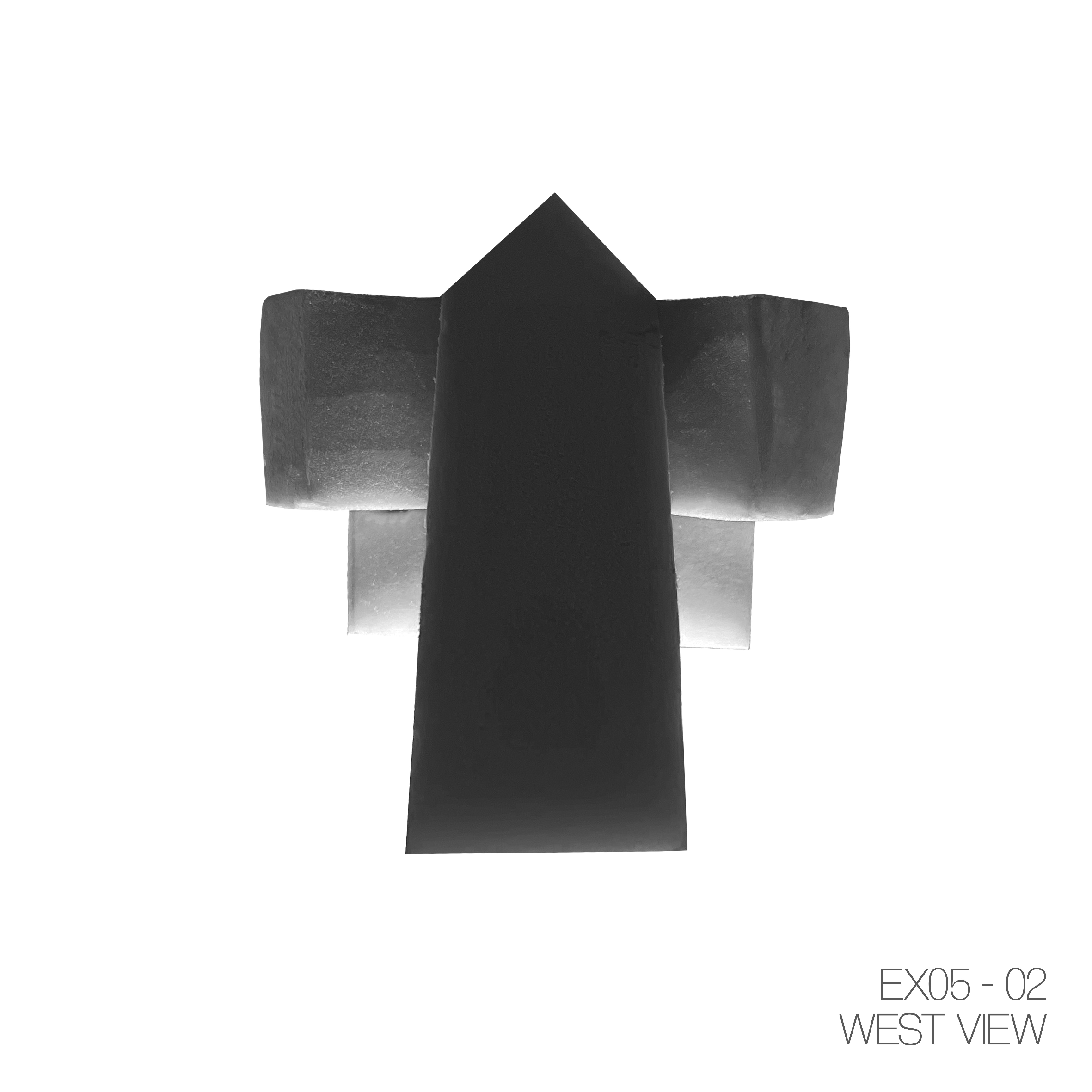 A black and white abstract sculpture viewed from the west, consisting of a tall, central vertical element with three horizontal blocks attached at different heights, and a triangular element at the top, all with a textured surface.