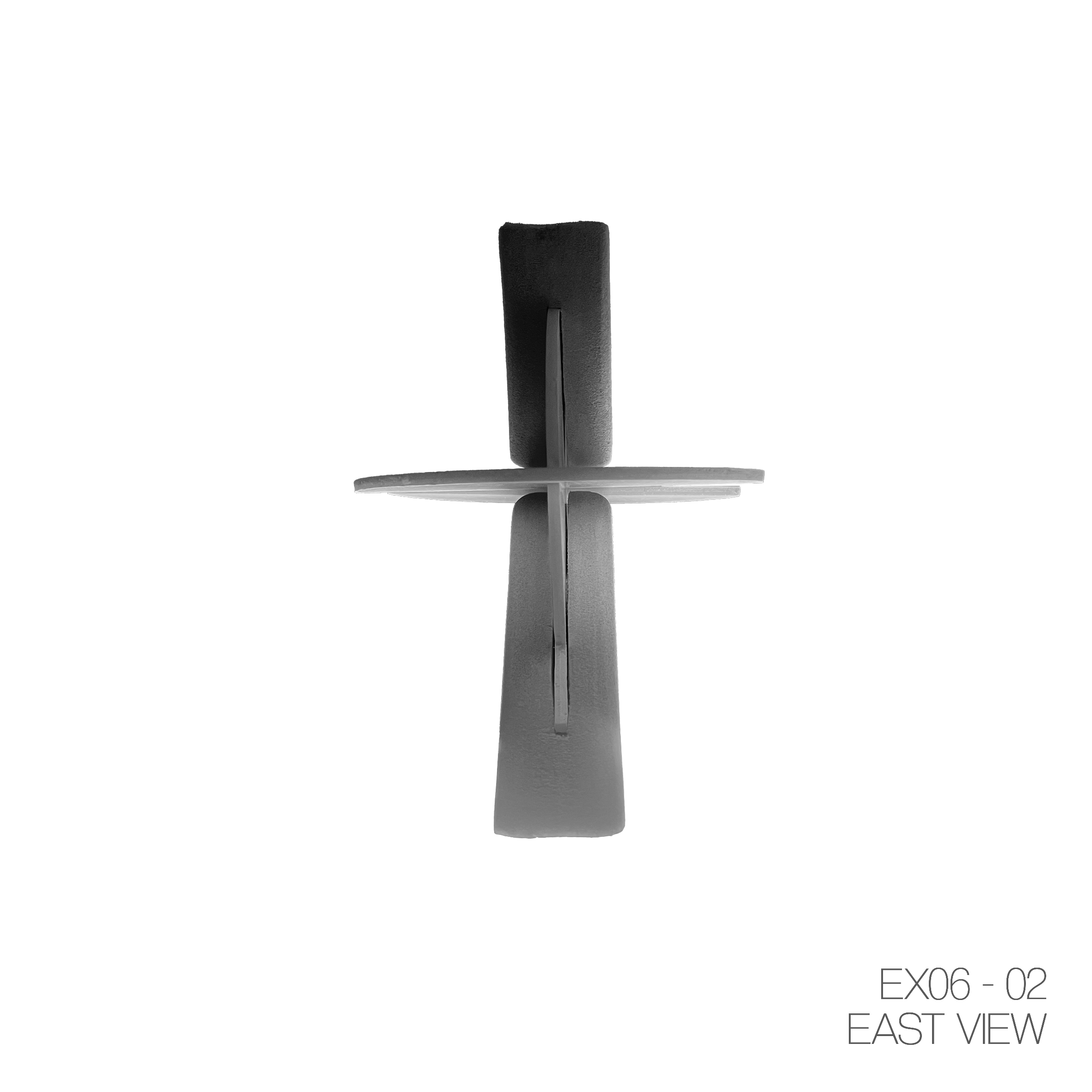 A black and white aerial view of a symmetrical knife and fork crossed on a plain white background, labeled with project code EX06-02 and the words EAST VIEW in the lower right corner.