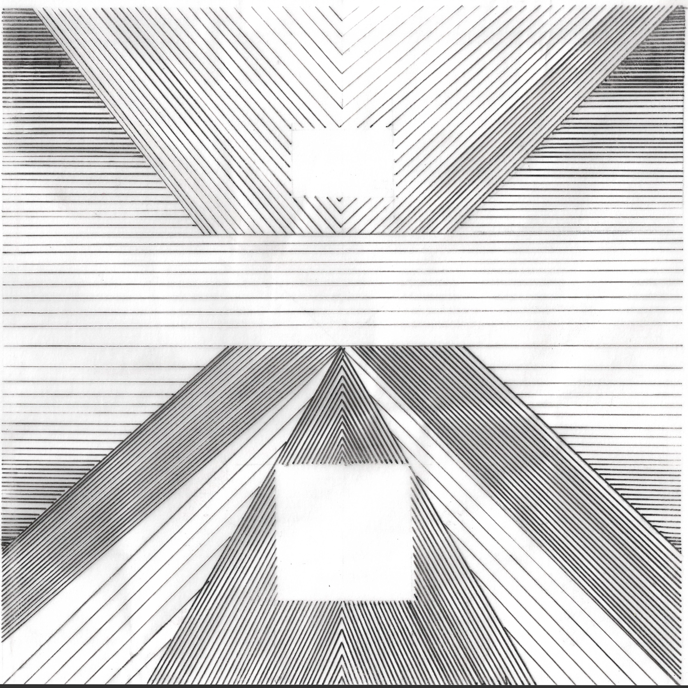 Black and white abstract optical illusion artwork with geometric patterns of lines forming squares and triangles.