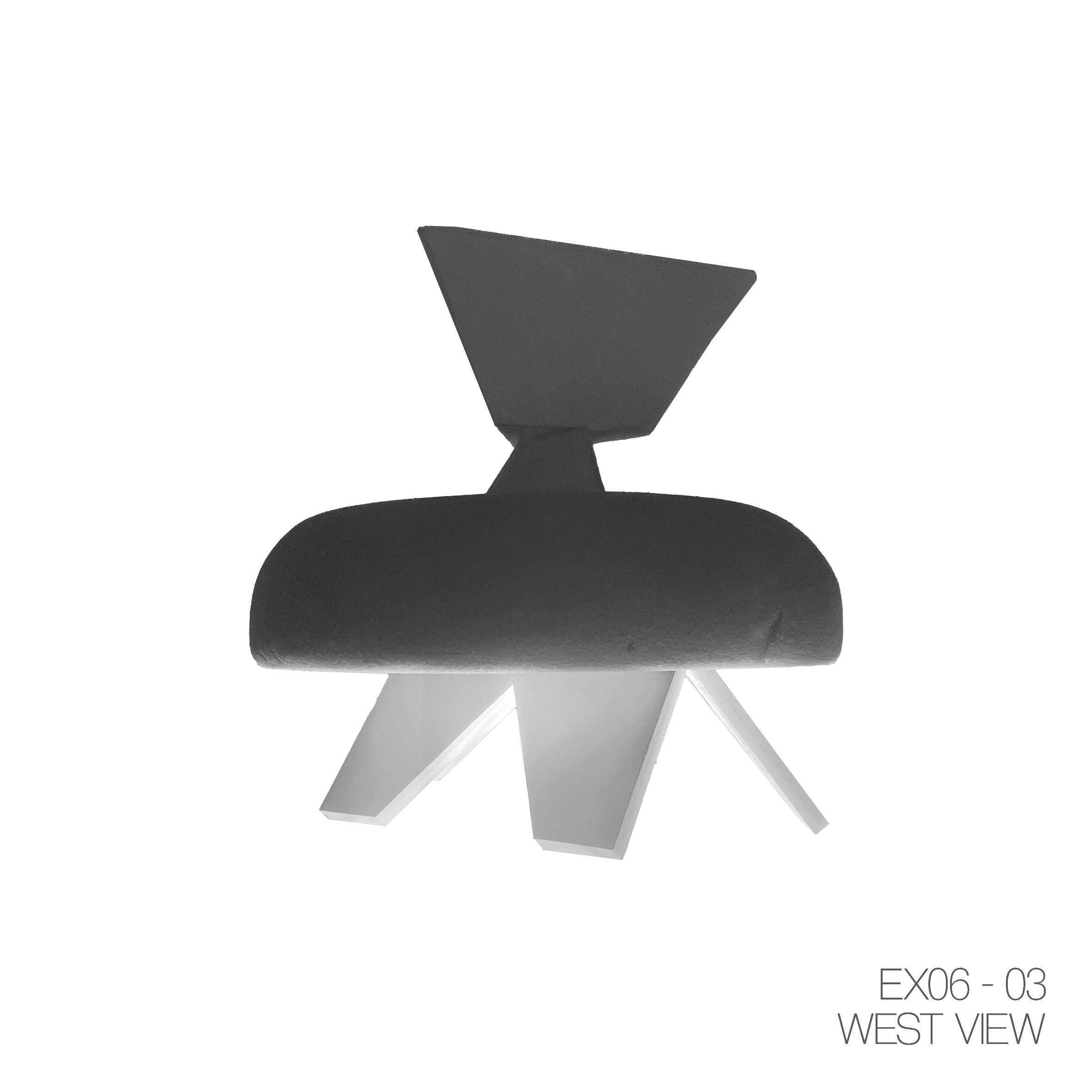 Black modern chair with wooden legs and a cushioned seat, viewed from the west.