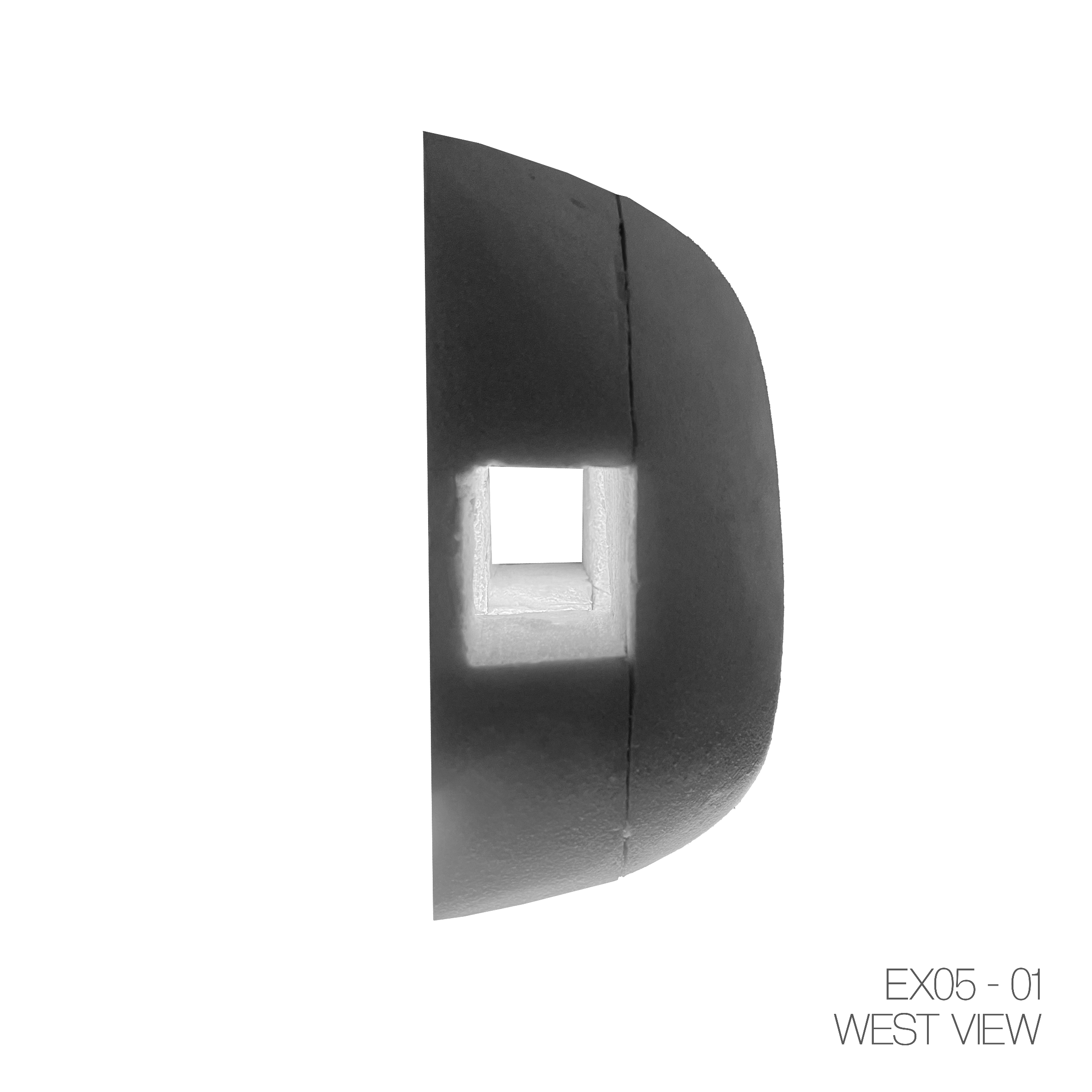 Black device with a square hole in the center, viewed from the west, labeled EX05-01 WEST VIEW.