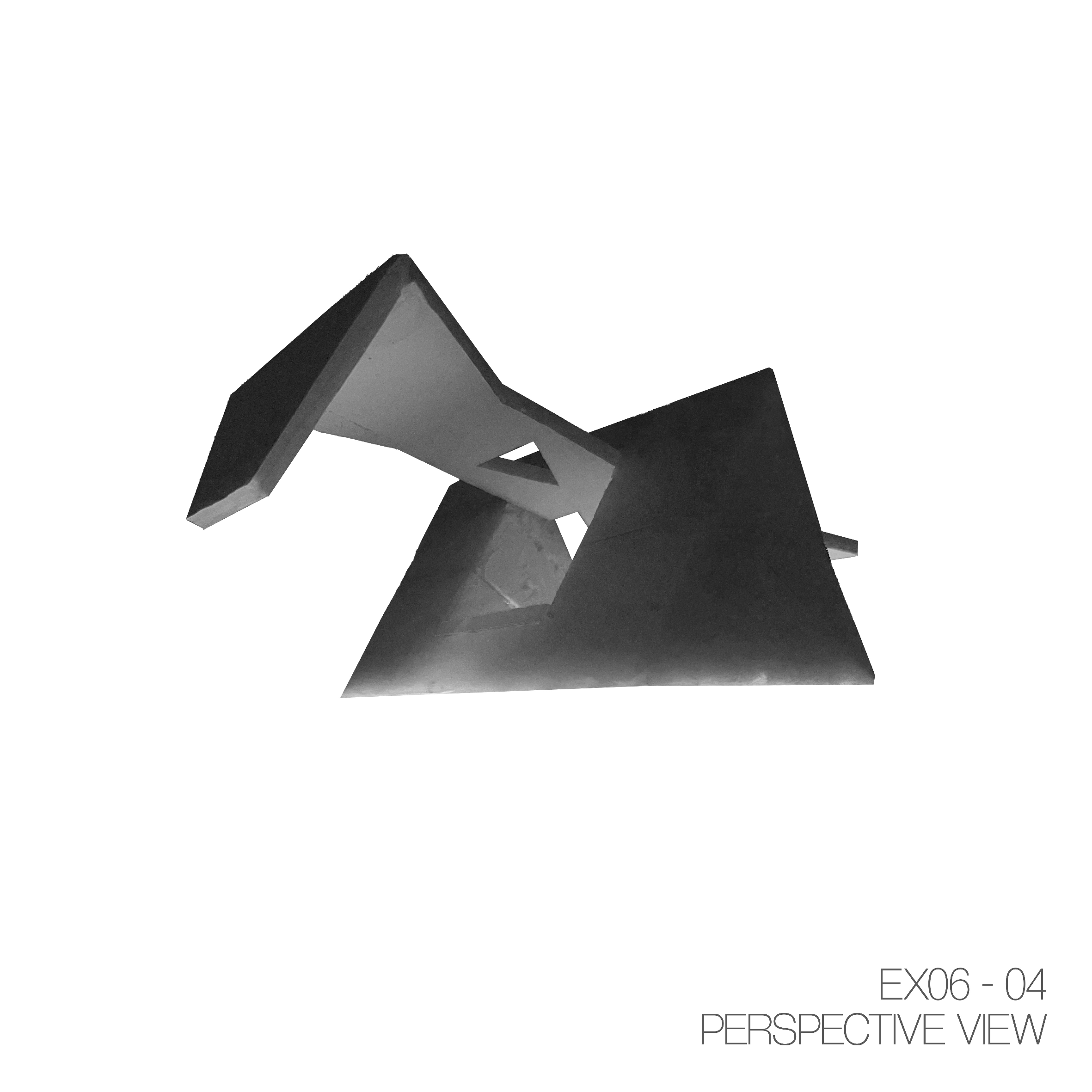 A black and white abstract geometric sculpture composed of intersecting angular planes and shapes with a hollow triangle cutout, placed against a white background, labeled "EX06 - 04 PERSPECTIVE VIEW" in the bottom right corner.
