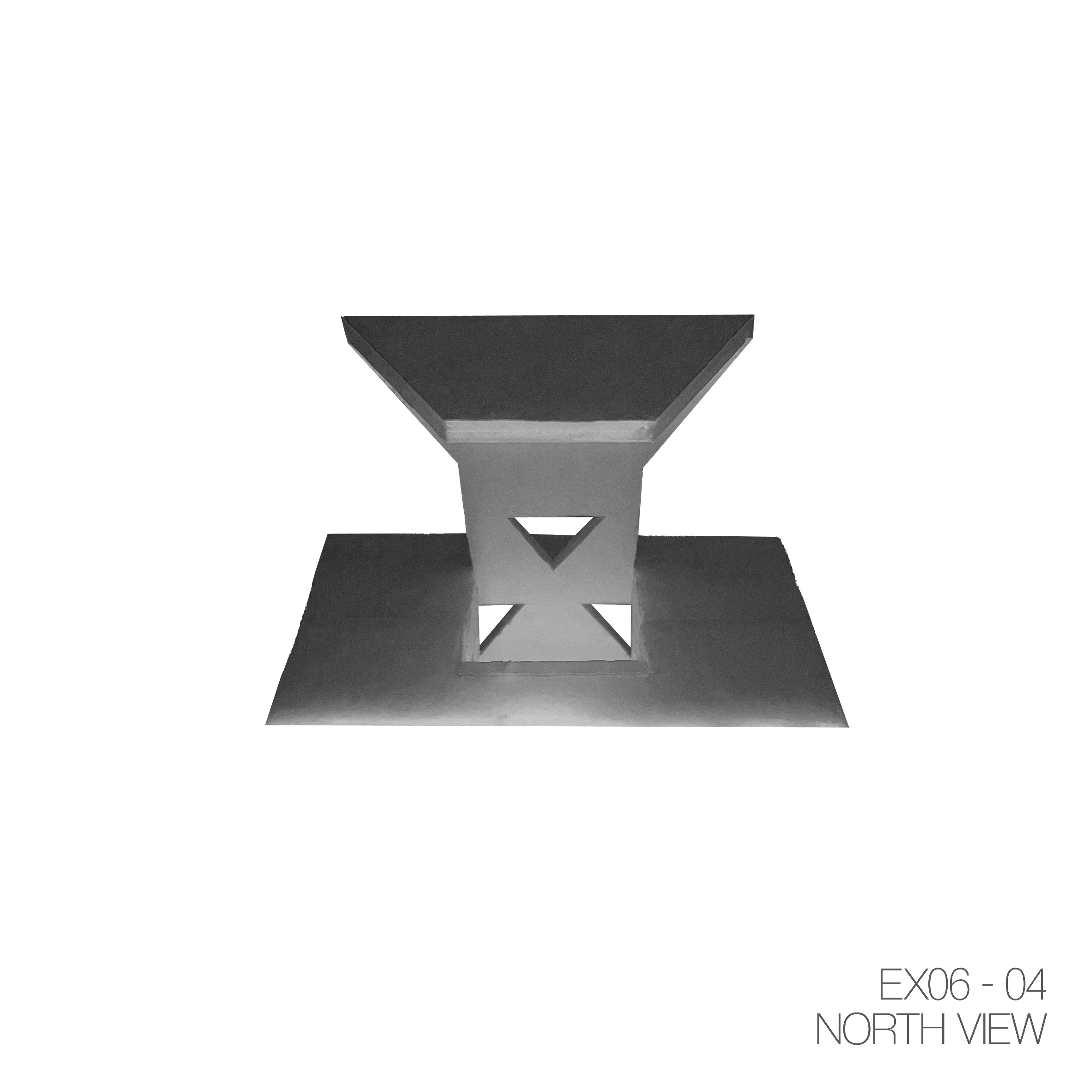 Black and white architectural structure resembling a modern sculpture or monument, labeled 'EX06 - 04 NORTH VIEW' at the bottom right corner.