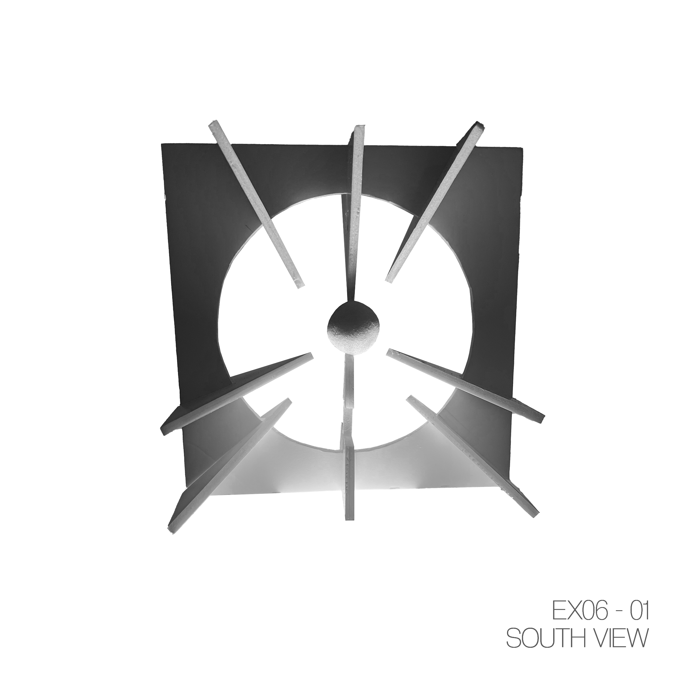 A modern wall clock with an open square frame and minimalist design, showing the time as 12:06. The clock face is circular with elongated, 3D hour markers. The view is from the south.