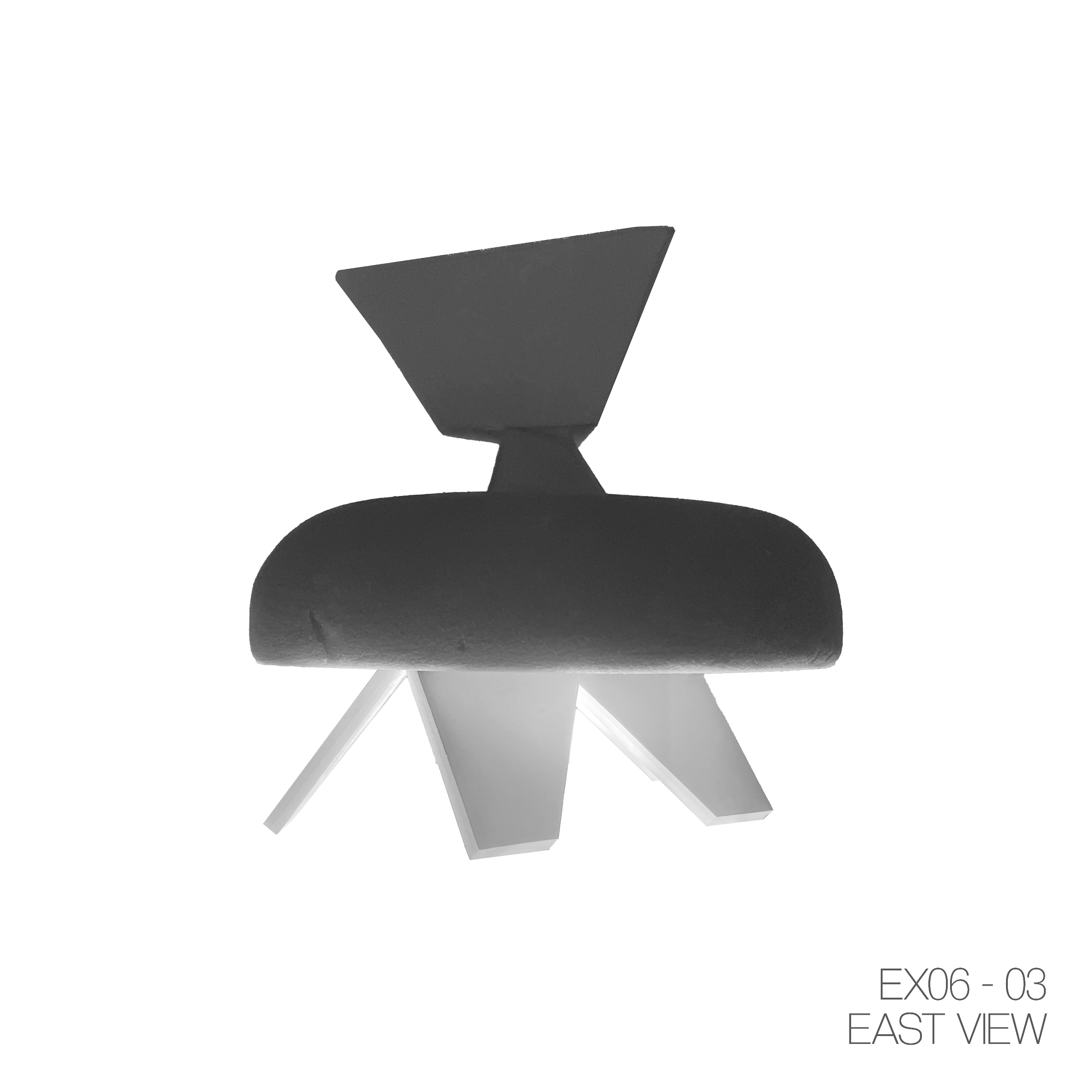 A modern chair with a cushioned black seat, angular white legs, and a black backrest, viewed from the east. The background is plain white with text indicating "EX06 - 03 EAST VIEW" in the bottom right corner.