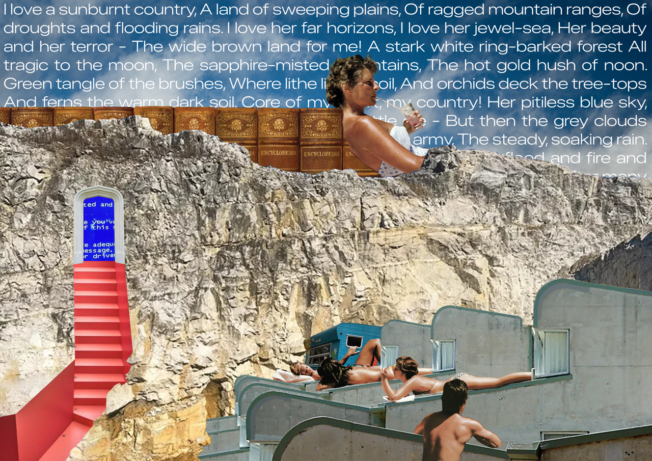 A surreal collage with a woman reading ancient books, a mountain landscape, and people lounging in outdoor bathtubs on a rocky cliff, alongside a red staircase and text overlay.
