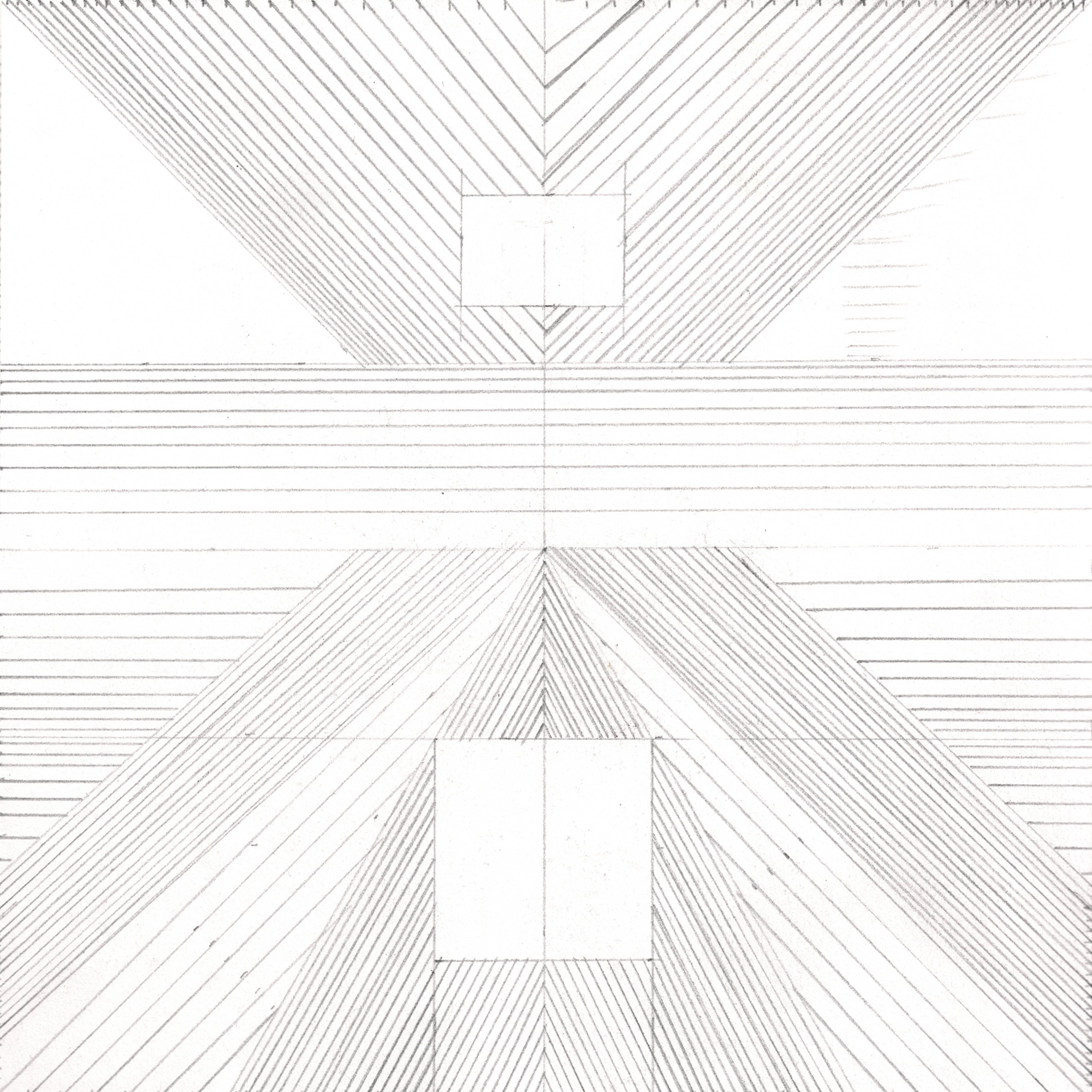 A geometric design composed of symmetrical patterns of straight lines forming squares and triangles, with two small squares in the center of each larger section.