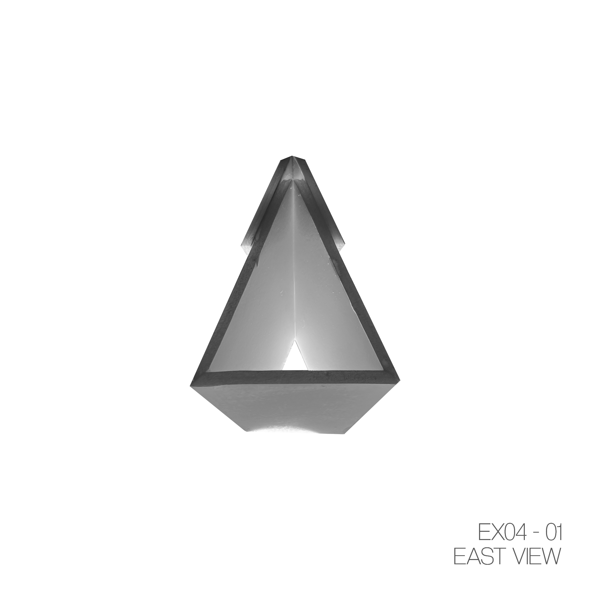 3D geometric pyramid-shaped object with illuminated interior, viewed from the east, with the text 'EX04 - 01 EAST VIEW' in the bottom right corner.