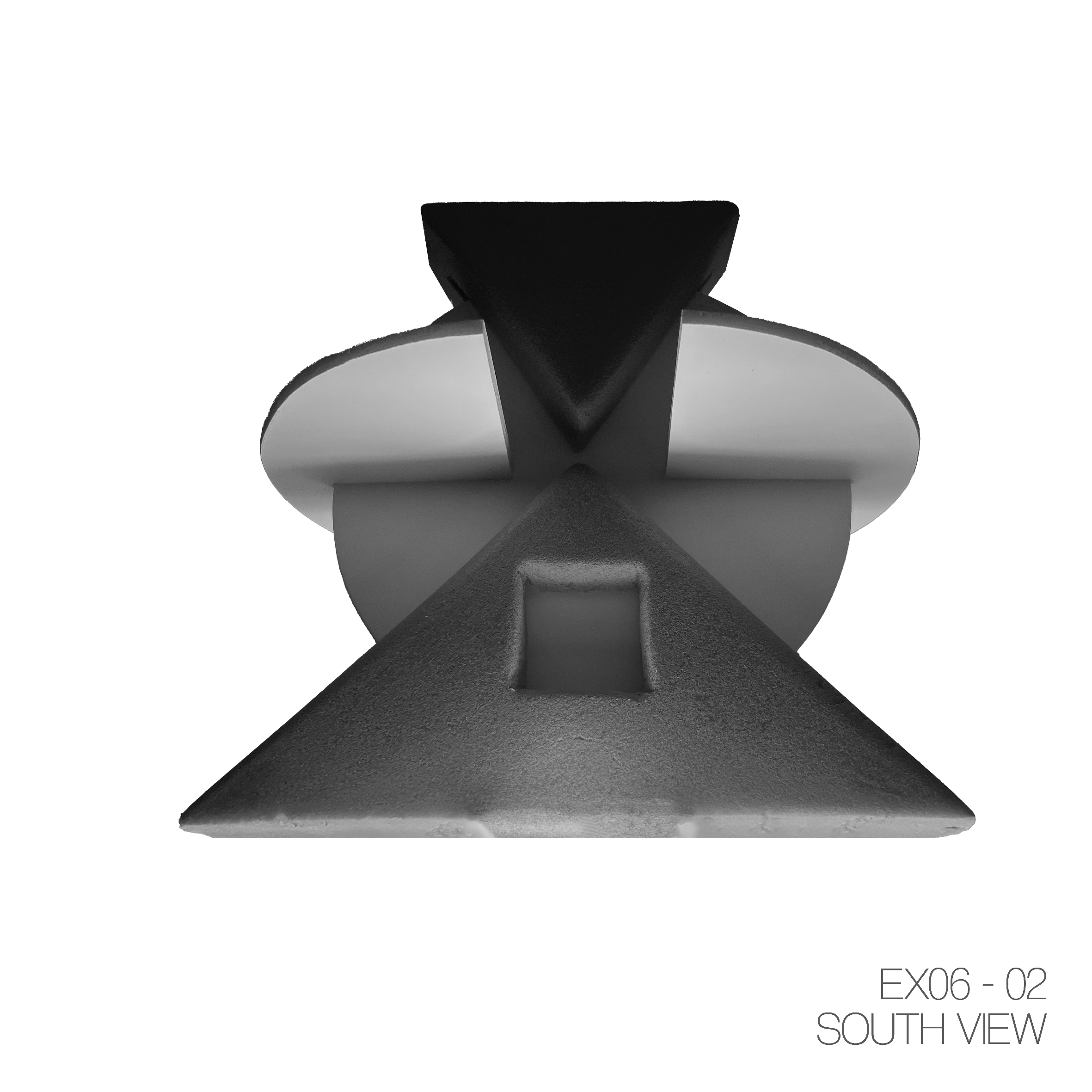 Black and white photograph of an abstract geometric sculpture, viewed from the south, comprised of rectangular and triangular shapes with rounded edges.