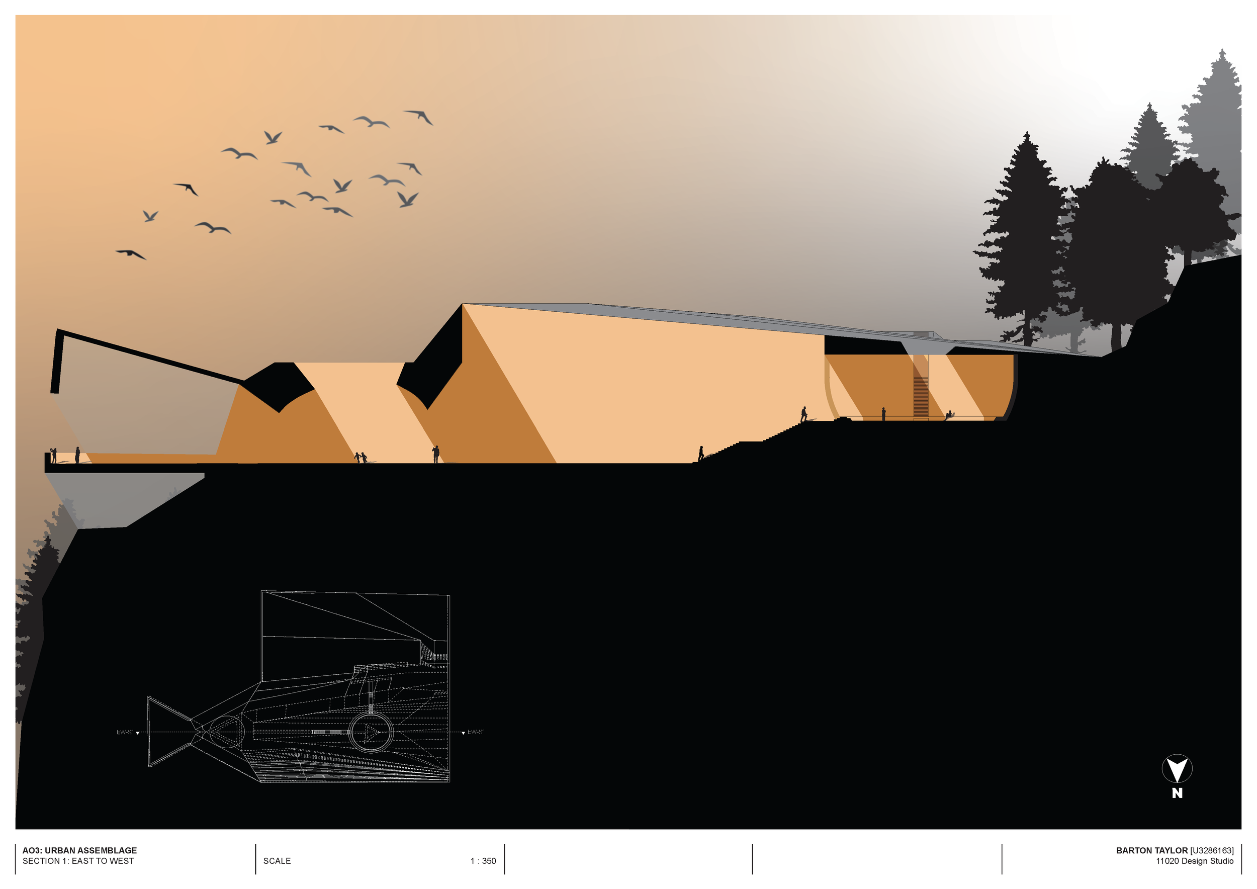 Architectural drawing of a modern building with angular features built into a hillside, with trees and a sunset sky in the background.