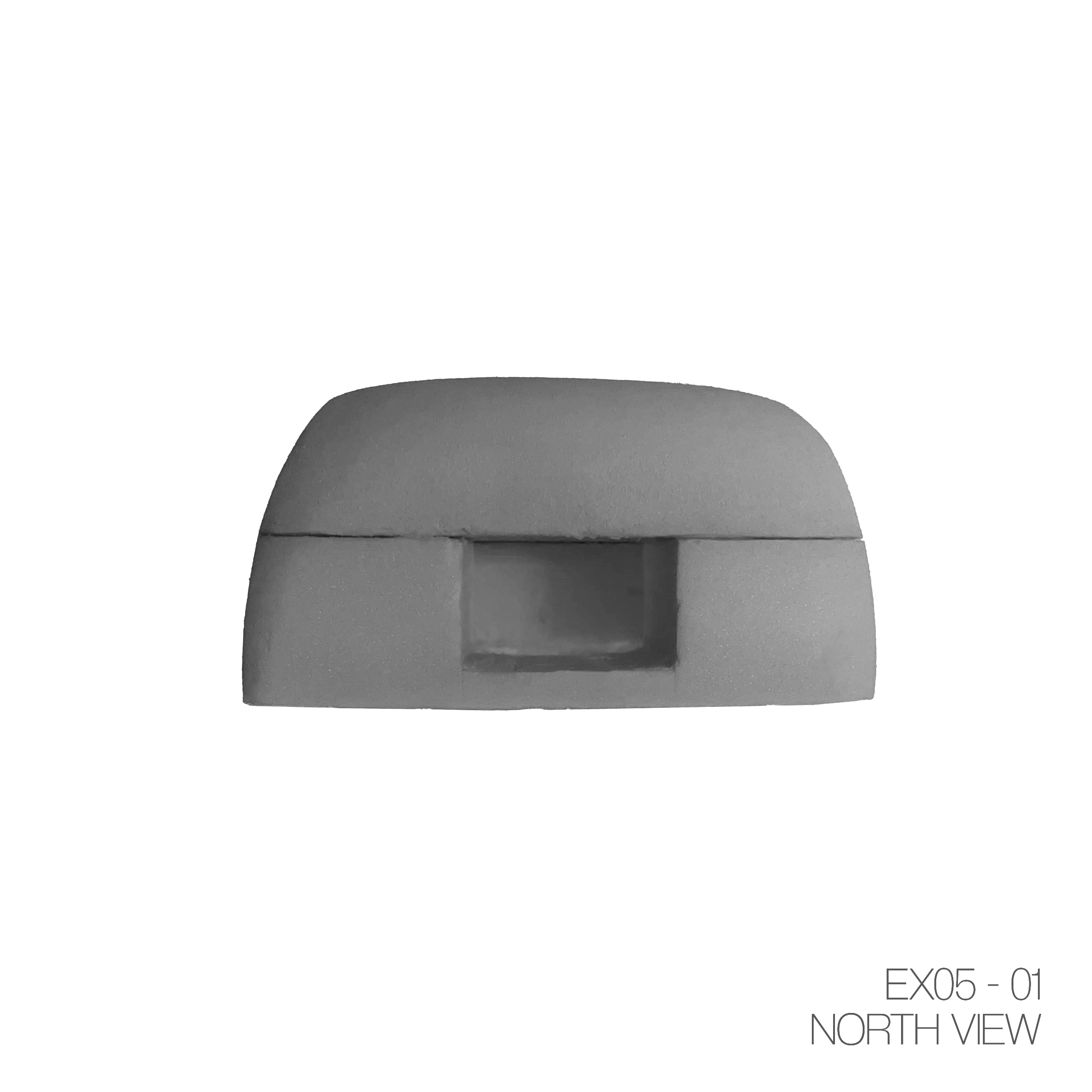 Gray rectangular object with a hollow center, viewed from the north, labeled EX05-01.