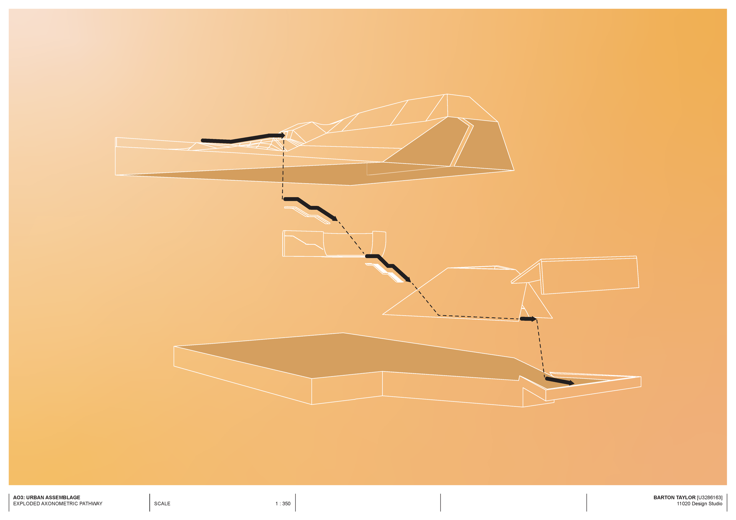 Exploded axonometric pathway of urban assemblage design showing various layered structural components and pathways with directional arrows, on an orange gradient background.