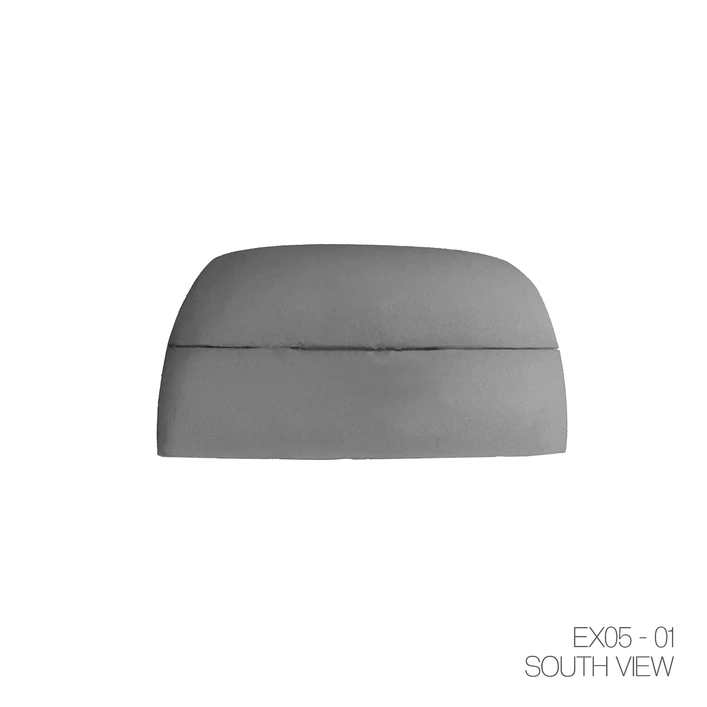 Gray, rectangular object with rounded edges and a horizontal line across the middle, viewed from the south. Text in the bottom right corner reads "EX05-01 SOUTH VIEW."
