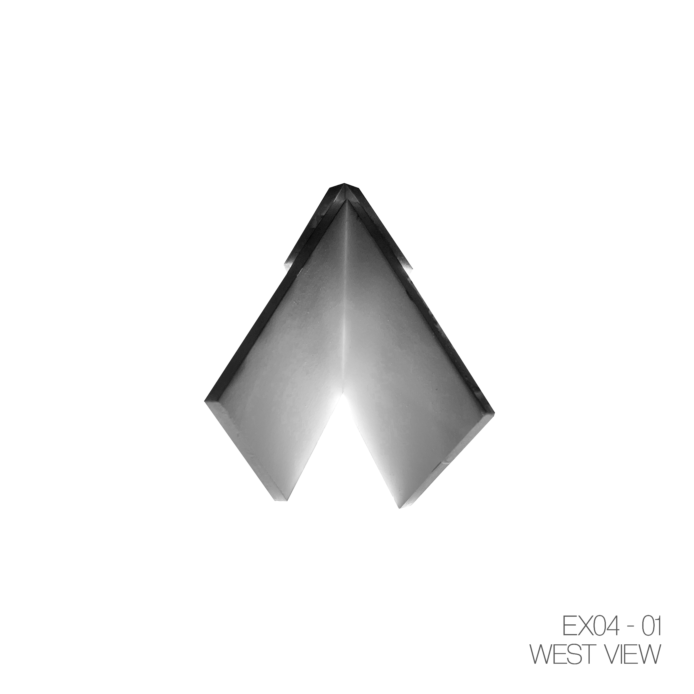 Front-facing view of a symmetrical, metallic, V-shaped structure or object, with the label "EX04 - 01 WEST VIEW" in the lower right corner.