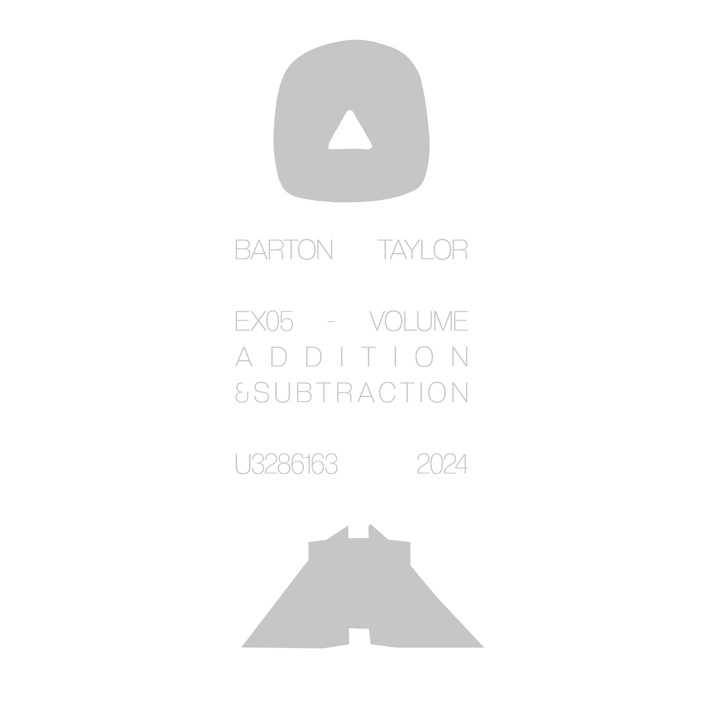 Music album cover with abstract shapes, featuring the artist name 'Barton Taylor,' album title 'EX05 - Volume Addition & Subtraction,' and identifiers 'U3286163' and '2024.'
