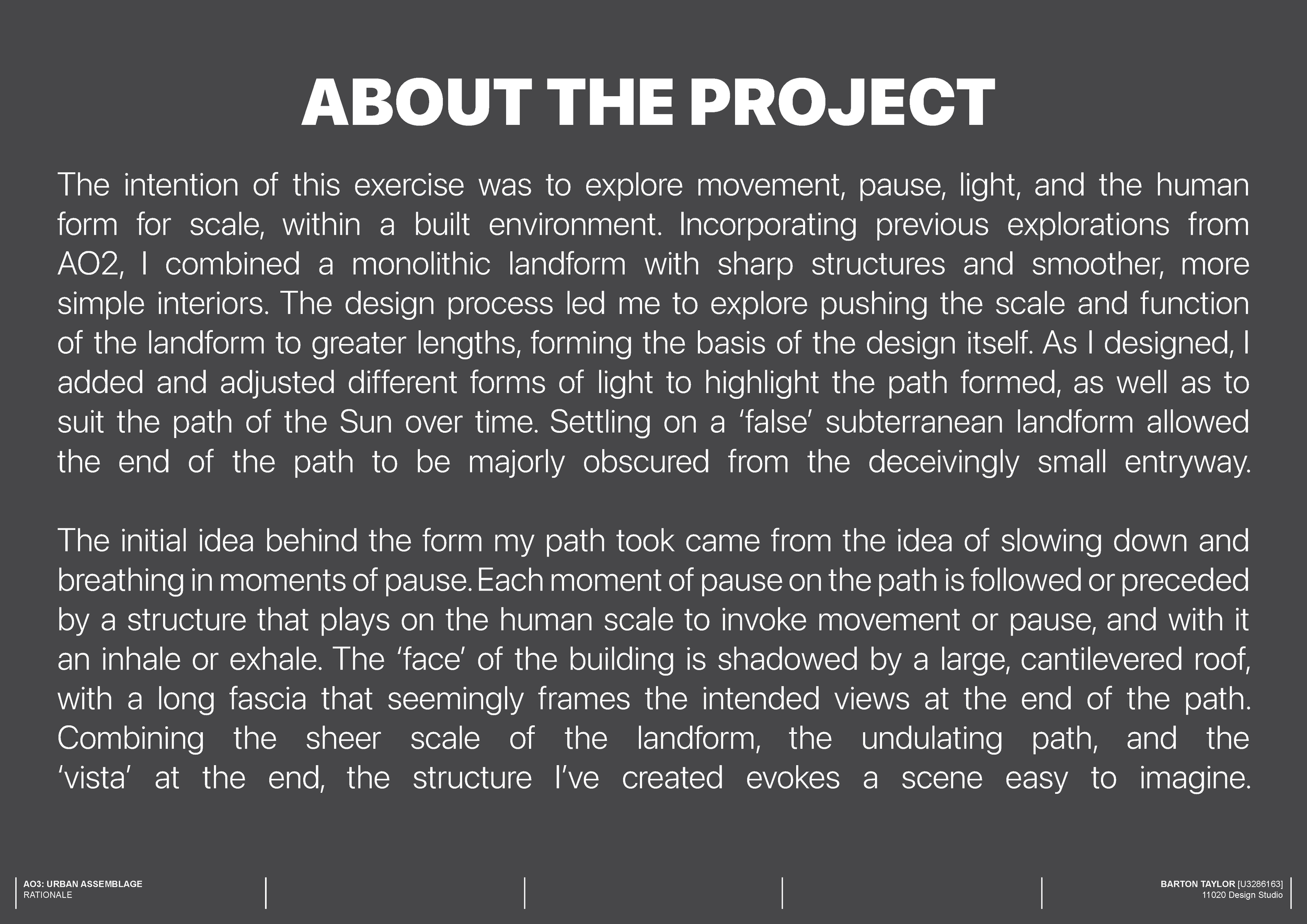 Text explaining a design project inspired by a monolithic landform with shapes and light to evoke movement and the human scale.