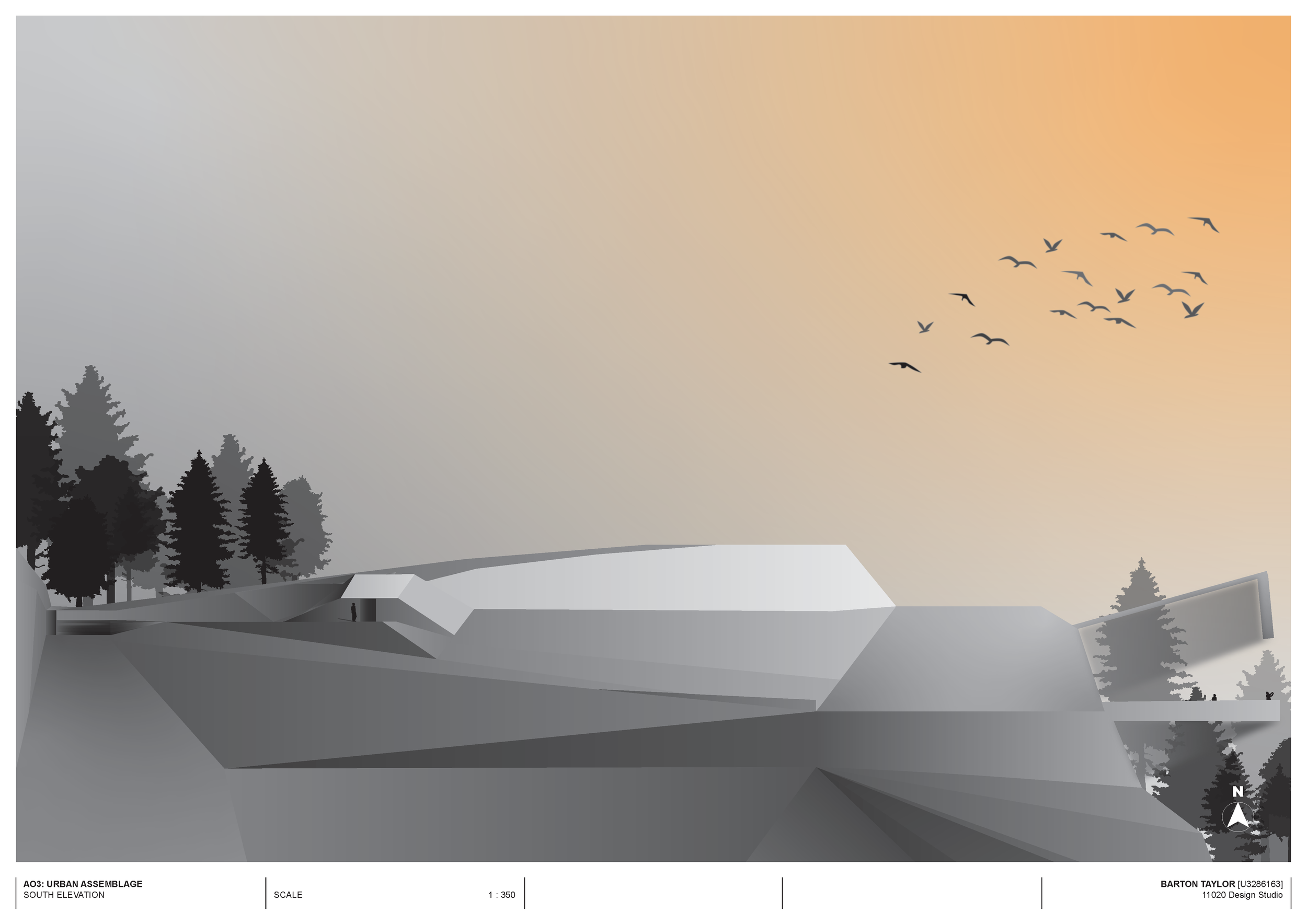 Illustration of a modern architectural building with angular geometric design, surrounded by trees, with a flock of birds flying in the sky at sunset or sunrise.
