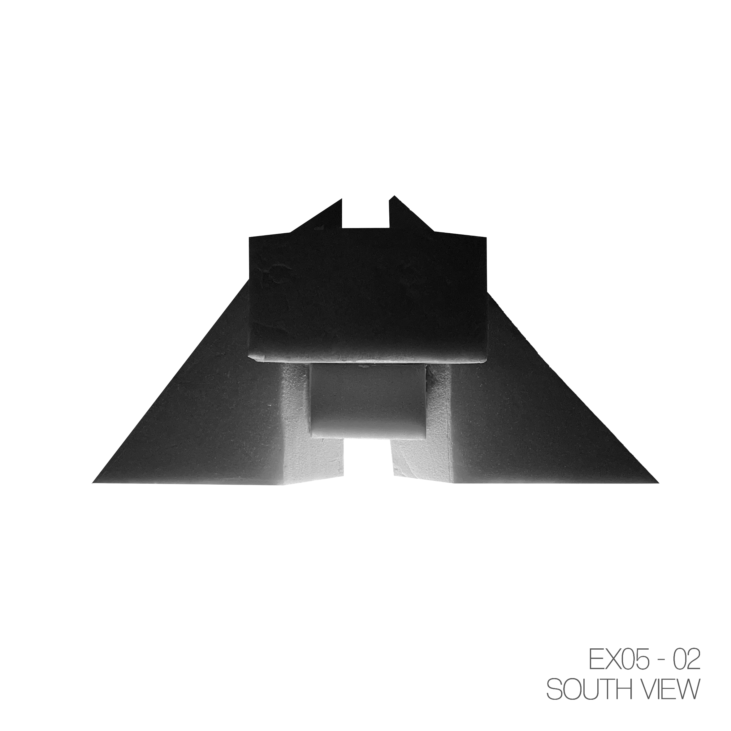 Black and white technical drawing of a mechanical or architectural component, viewed from the south, with the label 'EX05-02 South View' in the bottom right corner.