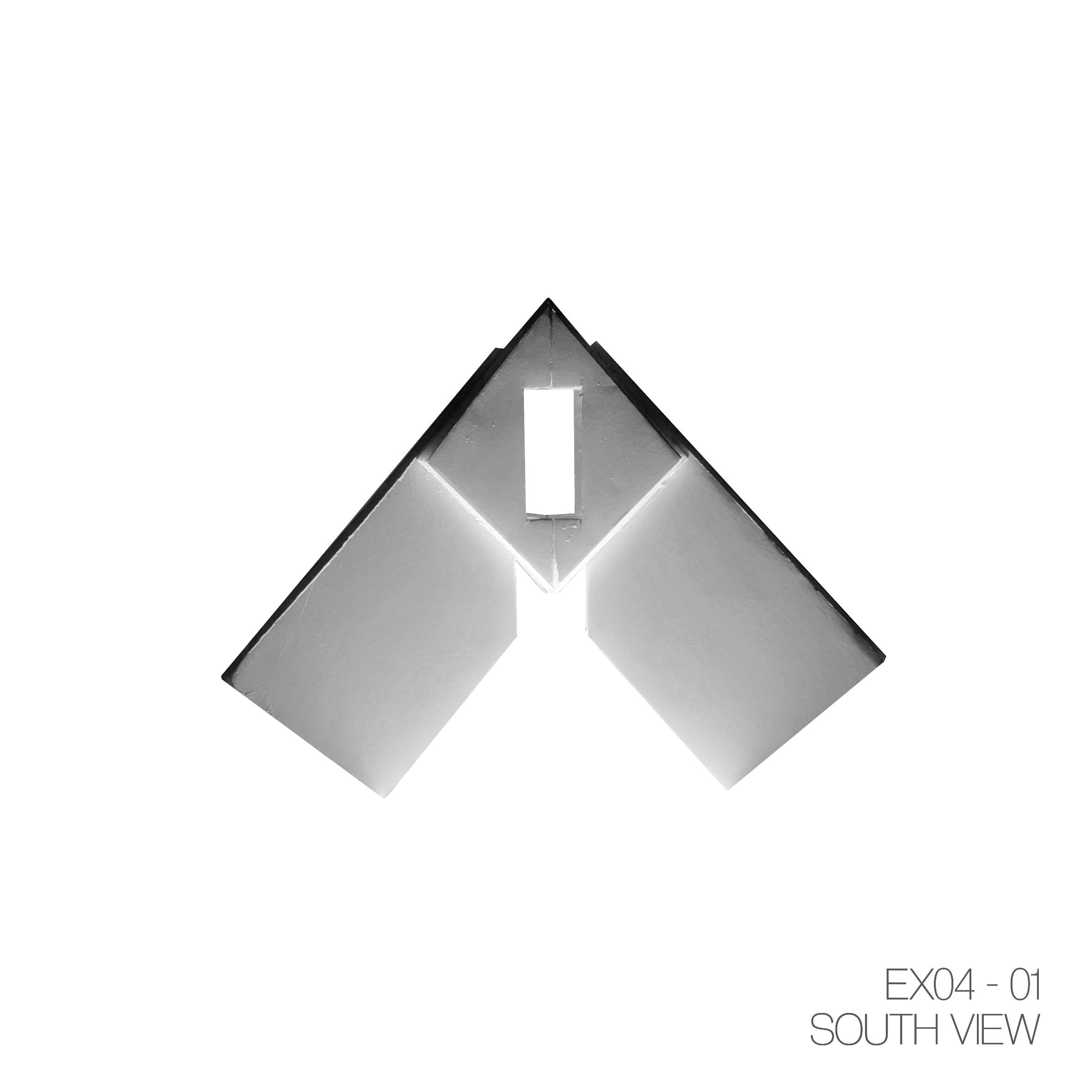 A ceiling-mounted light fixture viewed from the south, featuring a sleek, minimalist design with geometric shapes and a glowing central area, displayed in black and white.