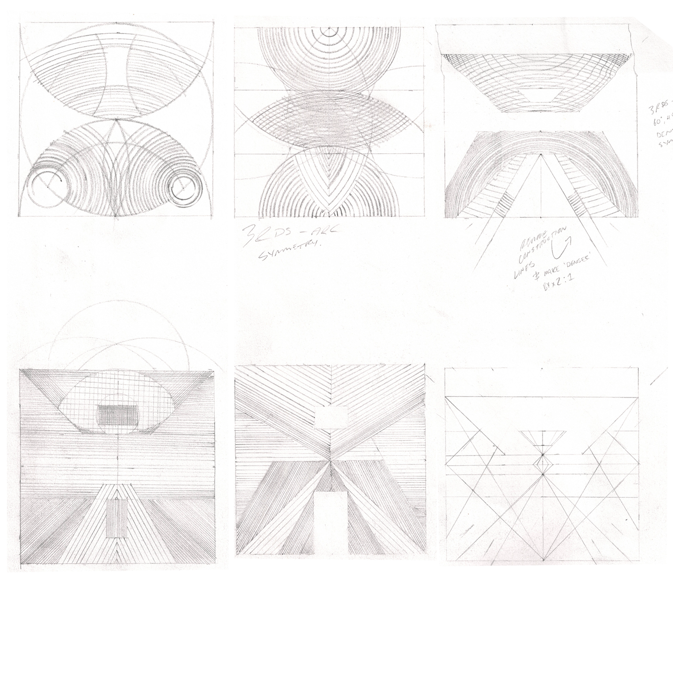 Various geometric sketches and designs, including symmetrical patterns, grid layouts, and perspective lines, handwritten notes and measurements on the paper.