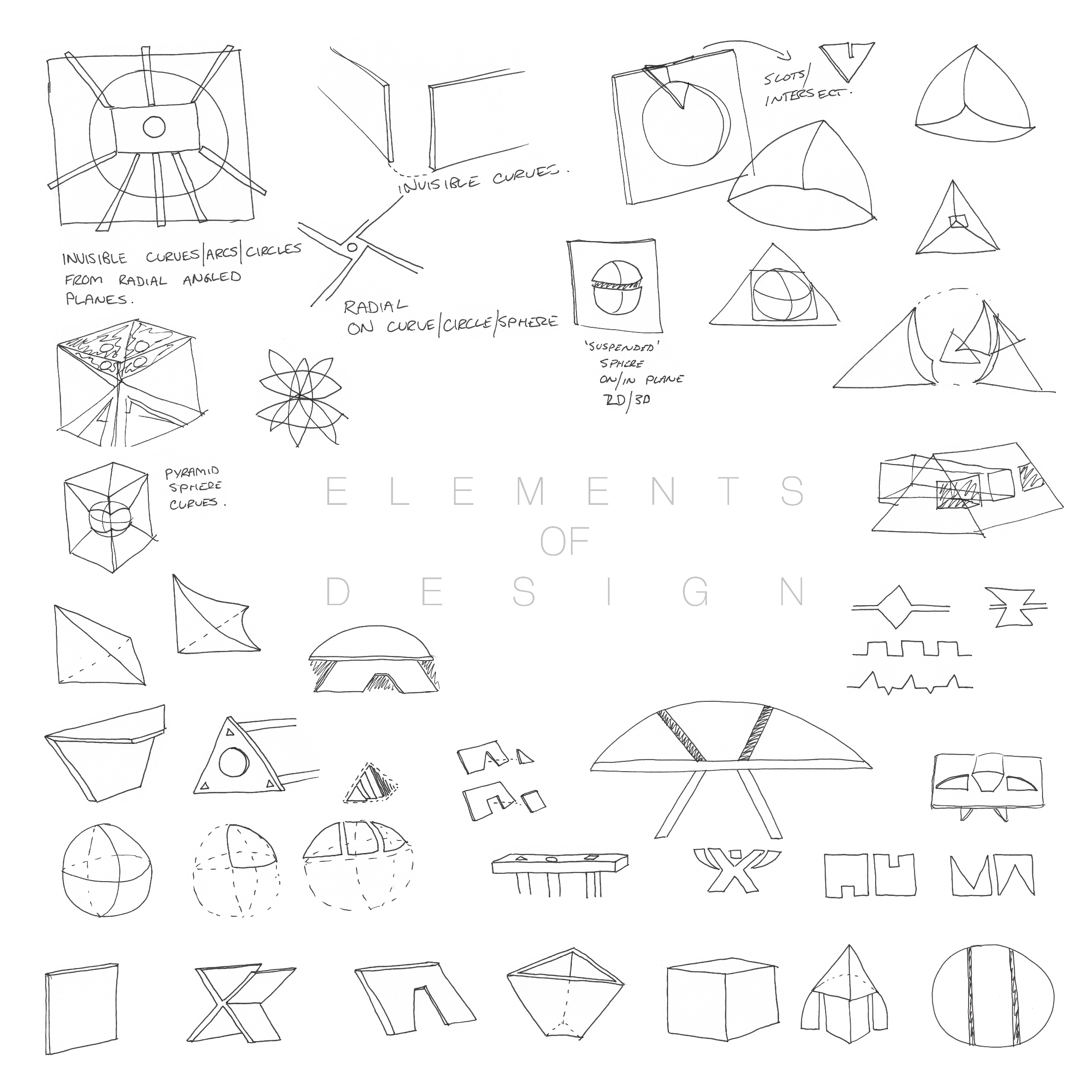 Sketches of geometric shapes and design elements, with notes on curves, intersections, and rotations, centered around the theme 'Elements of Design'.