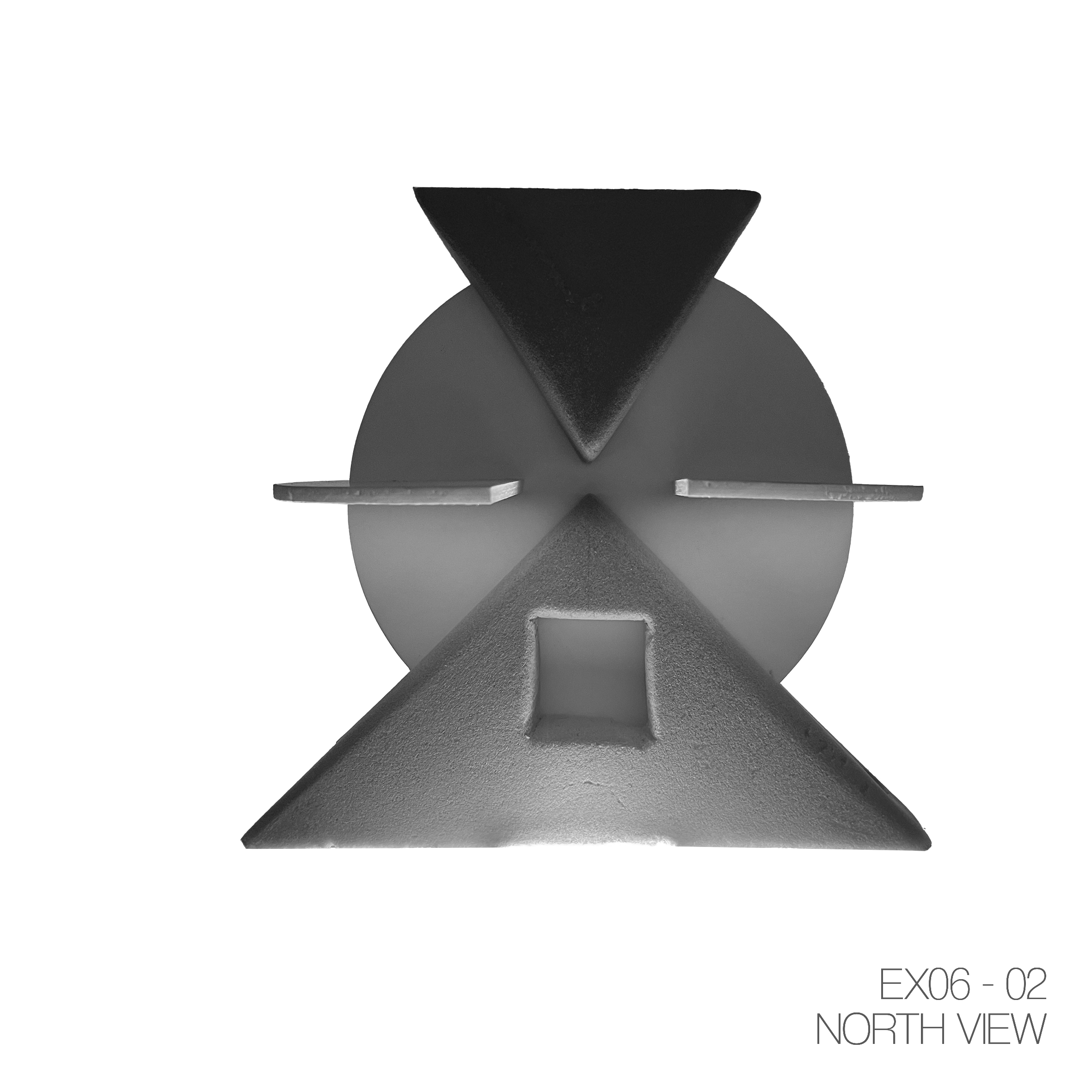 A black and white image showing various geometric metal shapes arranged on a circular base. The composition includes a large cone in the foreground, with a square cutout, two flat rectangular plates extending horizontally from the circle, and a trian