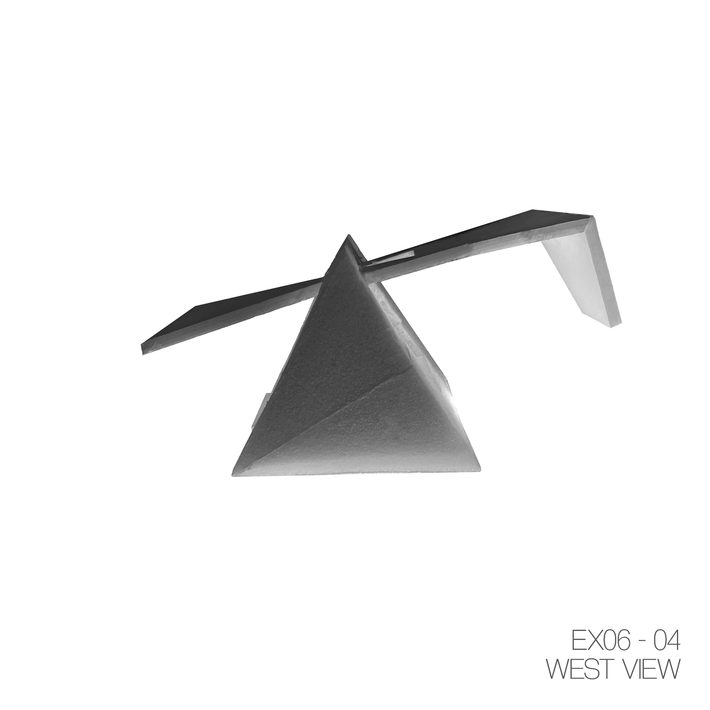 A metallic geometric sculpture resembling a pyramid with elongated rectangular arms extending from the top, viewed from the west.