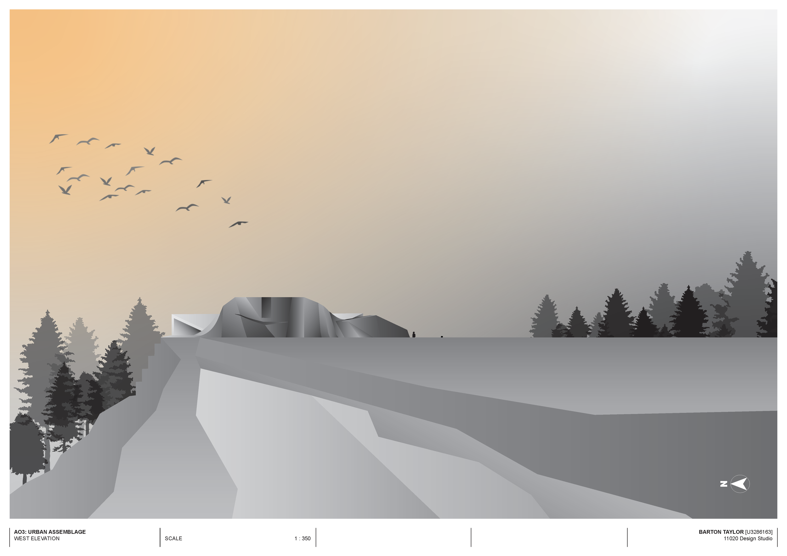 A grayscale digital rendering of a modern architectural building on a hilltop, surrounded by trees, with a flock of birds flying in the sky.