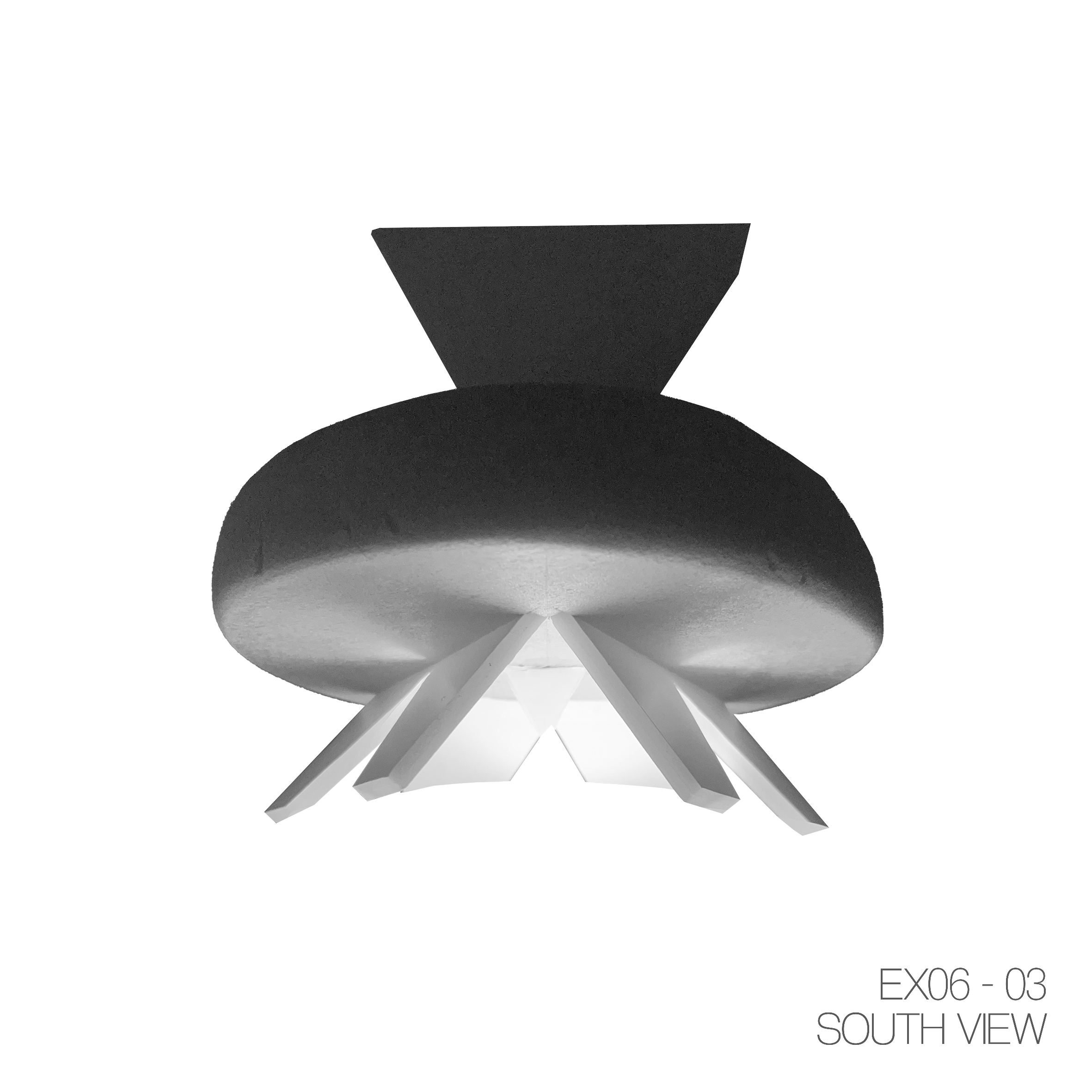 Architectural model view of a modern building with white structural supports and a large, rounded dark roof, labeled 'EX06 - 03 SOUTH VIEW'.