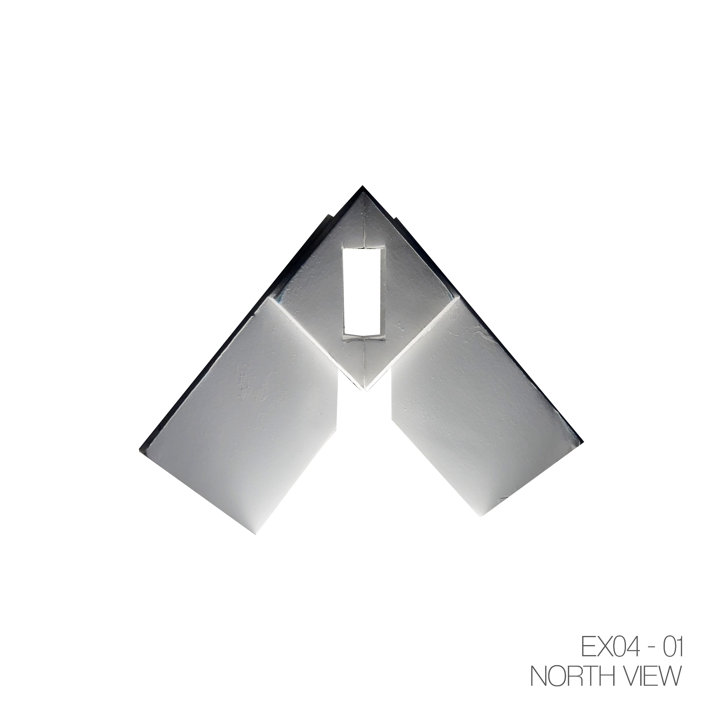 A white architectural or construction element with a black trim, viewed from above, with a rectangular cutout in the center, labeled 'EX04 - 01 NORTH VIEW'.