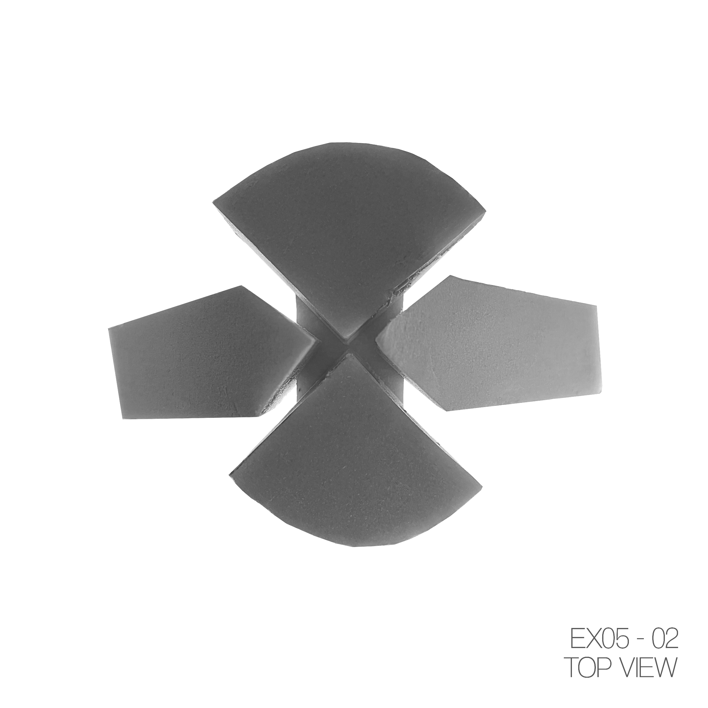 Black-and-white top view of a symmetrical quatrefoil-shaped object with four curved and four straight sides, labeled EX05-02.