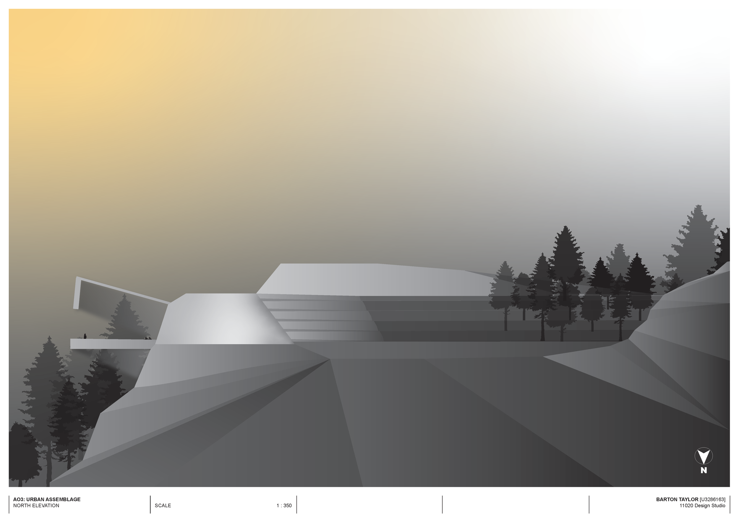 Grayscale architectural elevation drawing of an urban building on a hillside surrounded by trees with a foggy sky.