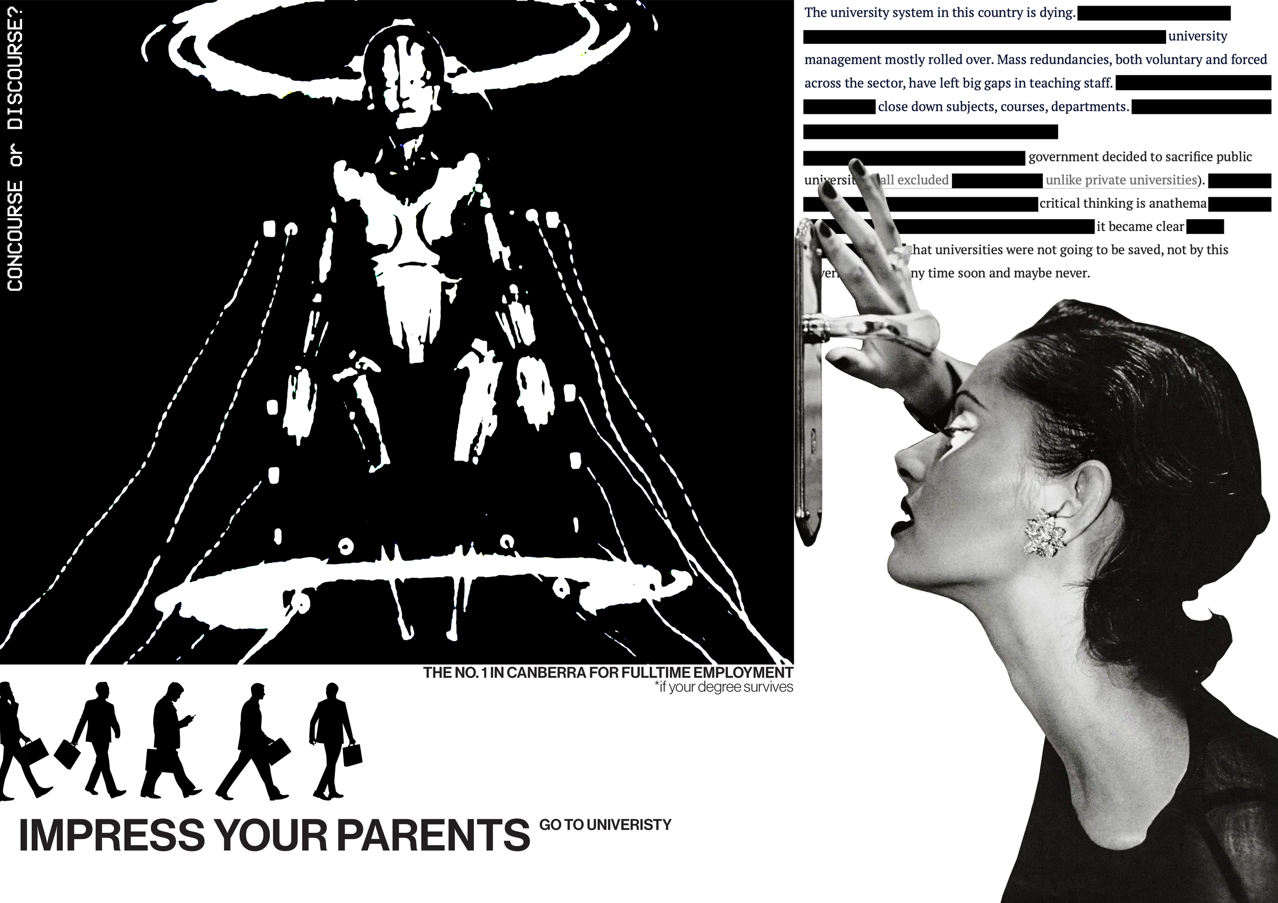 Black and white collage featuring a woman with styled hair and earrings, holding a pen and looking upward, with partially visible text and graphics including a sketch of a robotic figure, silhouettes of people walking with briefcases, and text about 