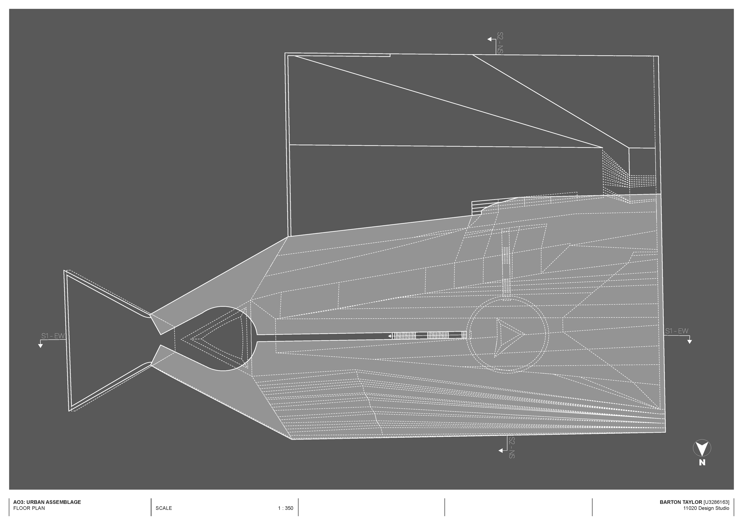 Architectural floor plan showing a spaceship-shaped structure with detailed interior and exterior layout, including a circular central area, angled corridors, and various rooms.