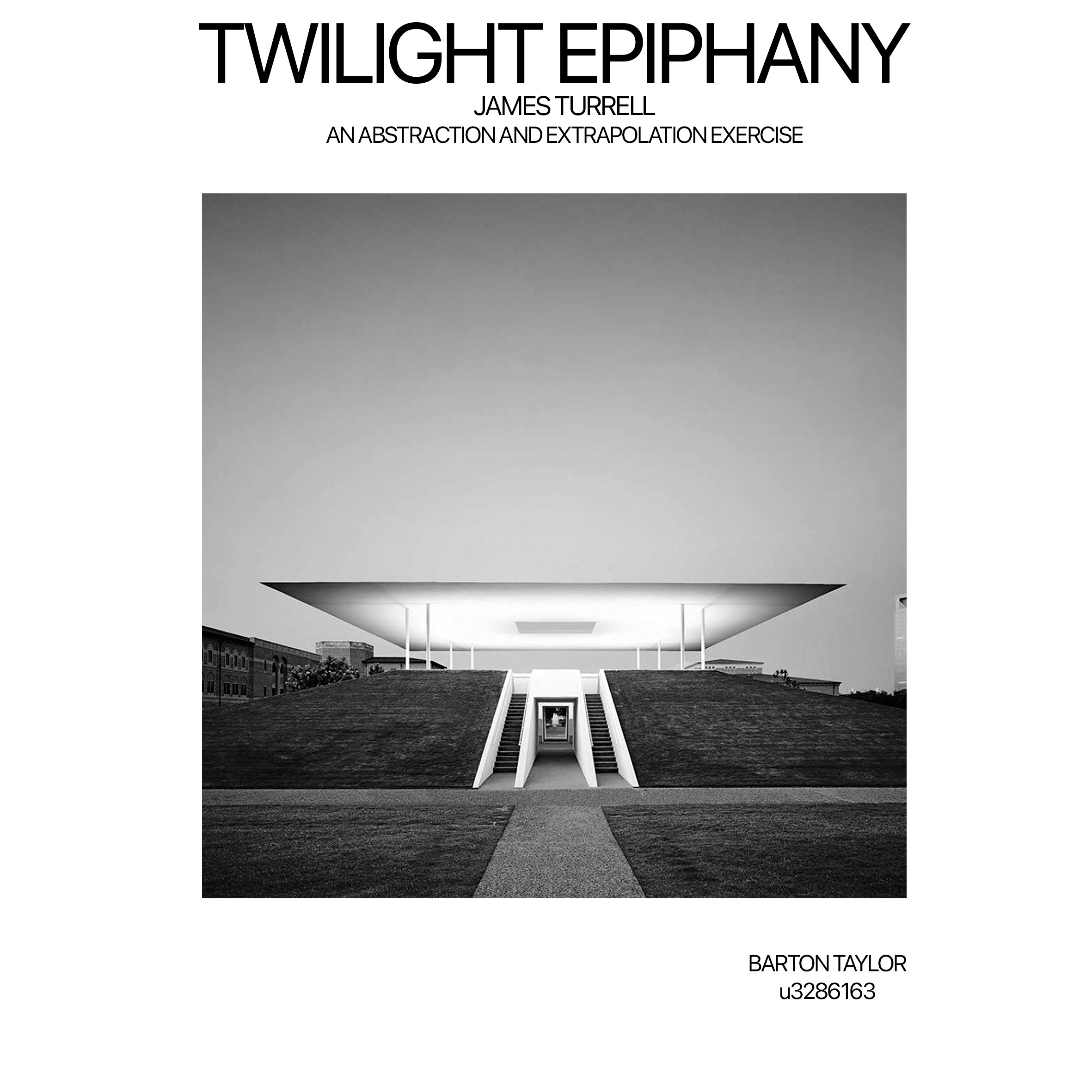 Book cover titled "Twilight Epiphany" by James Turrell with a black-and-white photograph of a modern building featuring a flat roof and escalators leading up to it, set against a clear sky. The author's name is Barton Taylor.