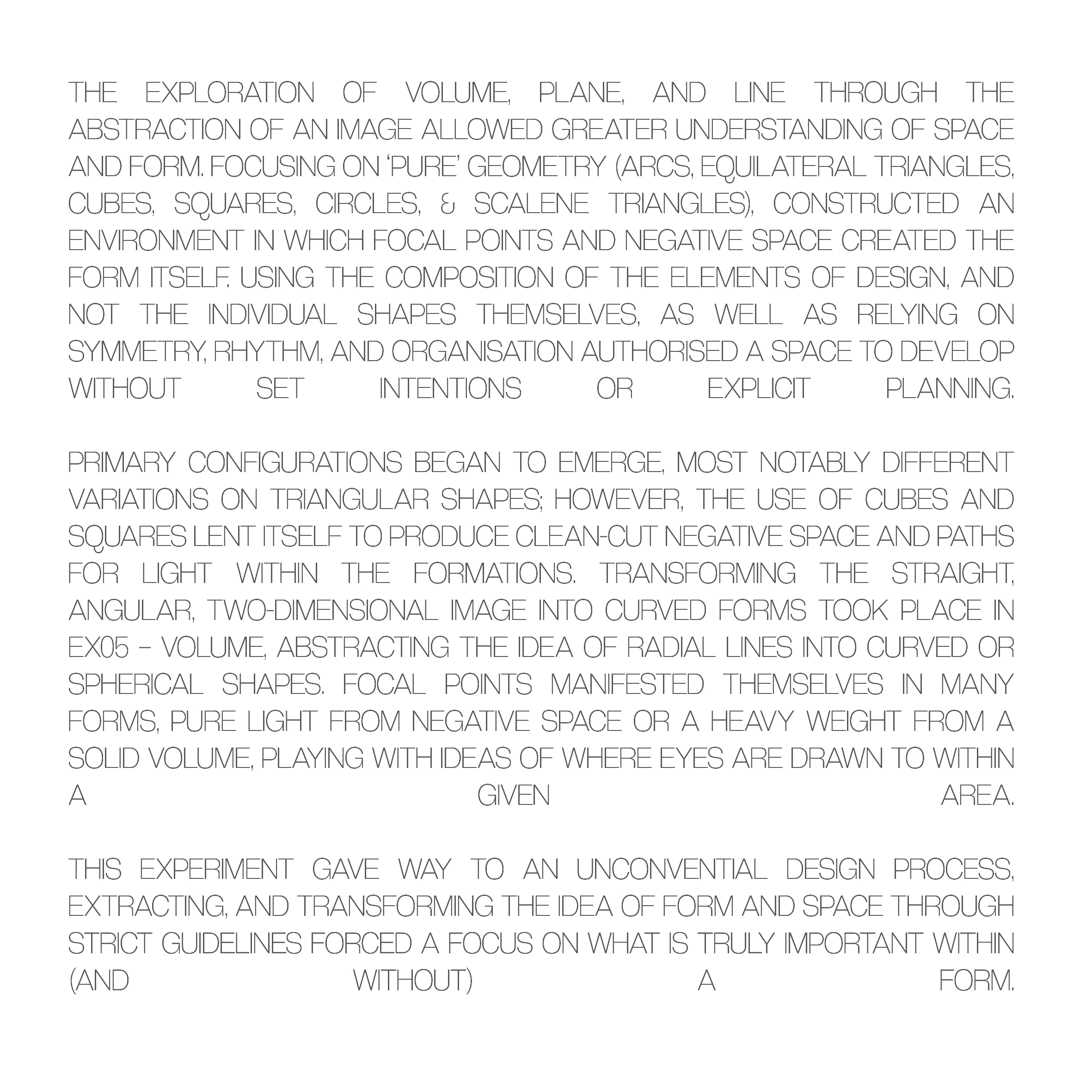 Text discussing the abstract exploration of volume, plane, line, and shape in design, focusing on geometric forms like arrows, triangles, cubes, and circles to create spaces and structures.