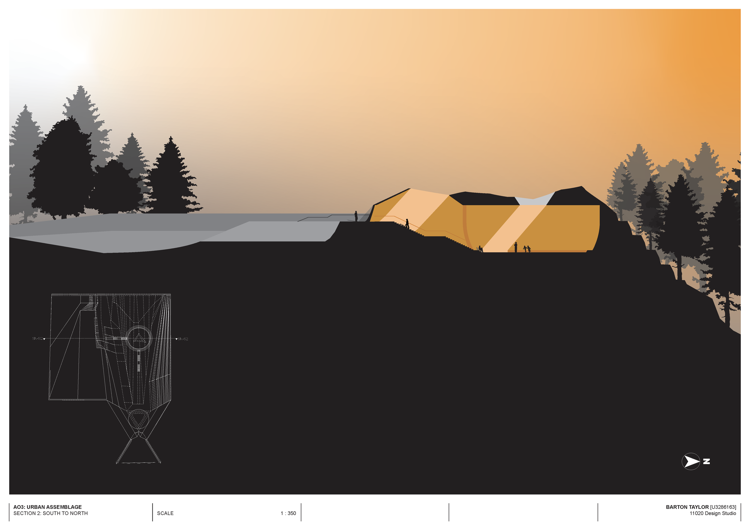 An architectural digital rendering of an urban assembly site in a forested area during sunset. The scene features a large, modern, angular building with warm-colored walls, a flat roof, and exterior stairs. Trees are silhouetted in the background, an