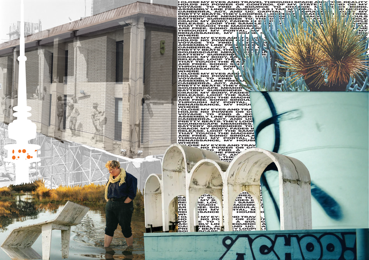 A collage featuring an old building with classical columns, a large potted plant with spikes, a person standing in water, and various graphic elements including text, a tree silhouette, and graffiti with the word 'School'.