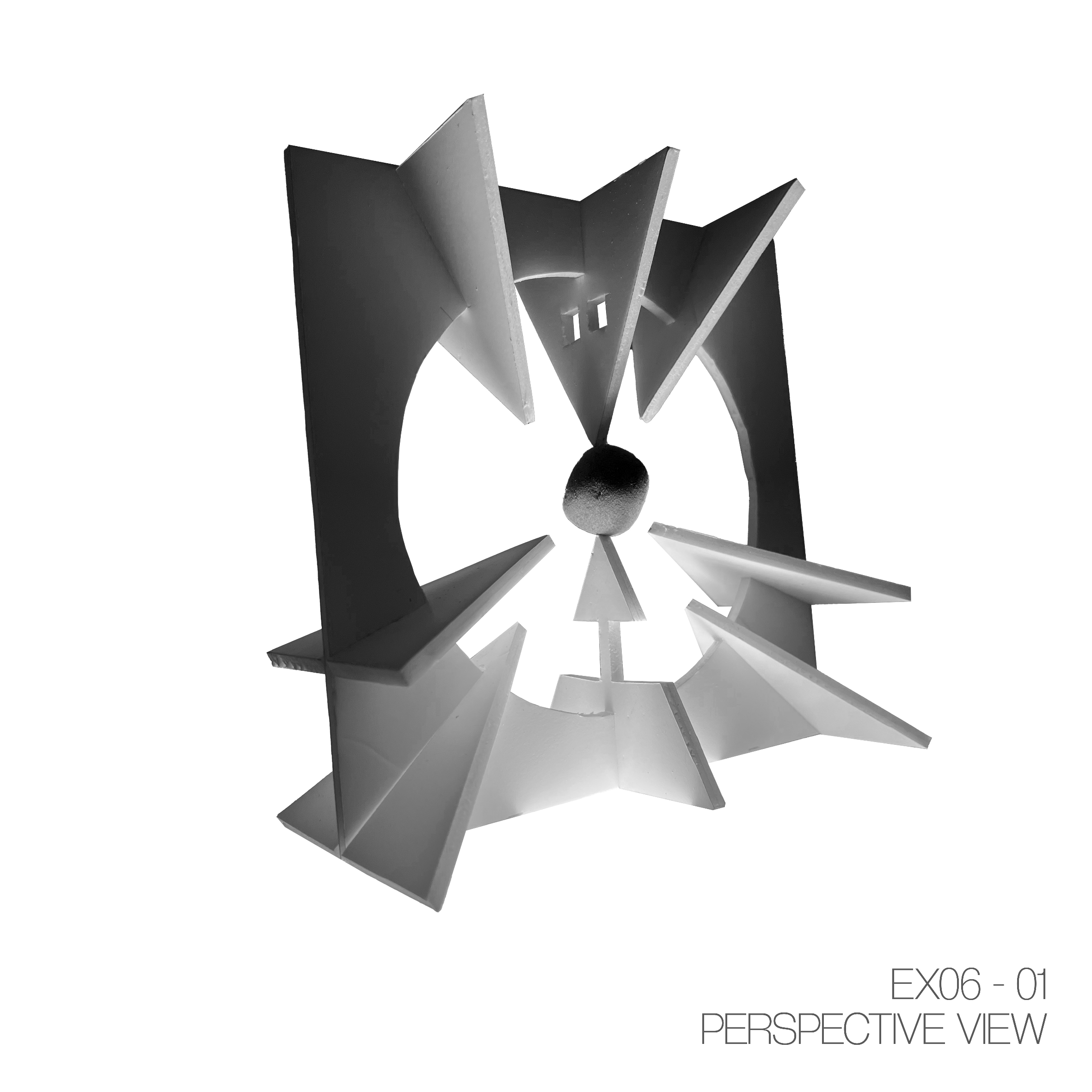 A modern abstract sculpture with angular, geometric shapes arranged in a circular pattern, featuring a central sphere at its core, viewed from a perspective angle.