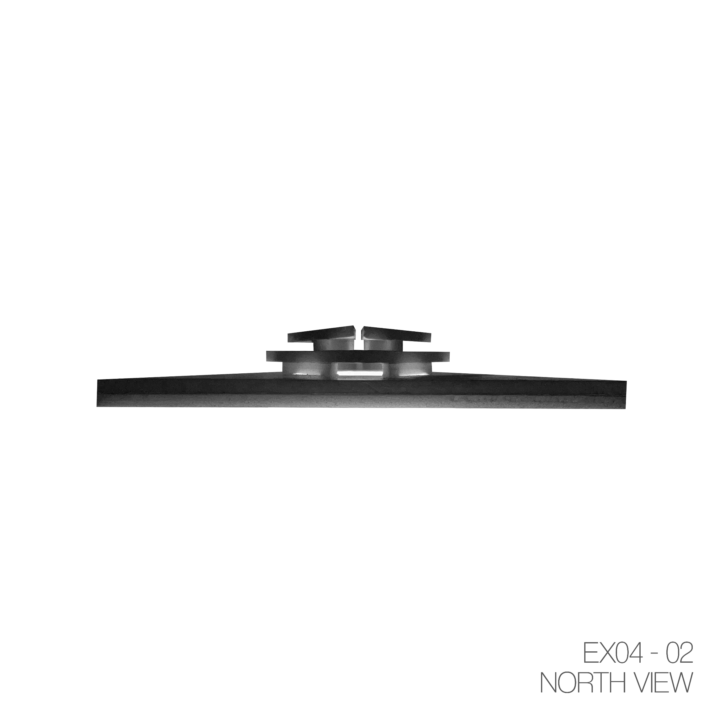 Black and white technical drawing of a mechanical part labeled EX04-02 North View, showing a flat base with two symmetrical, angled top pieces.