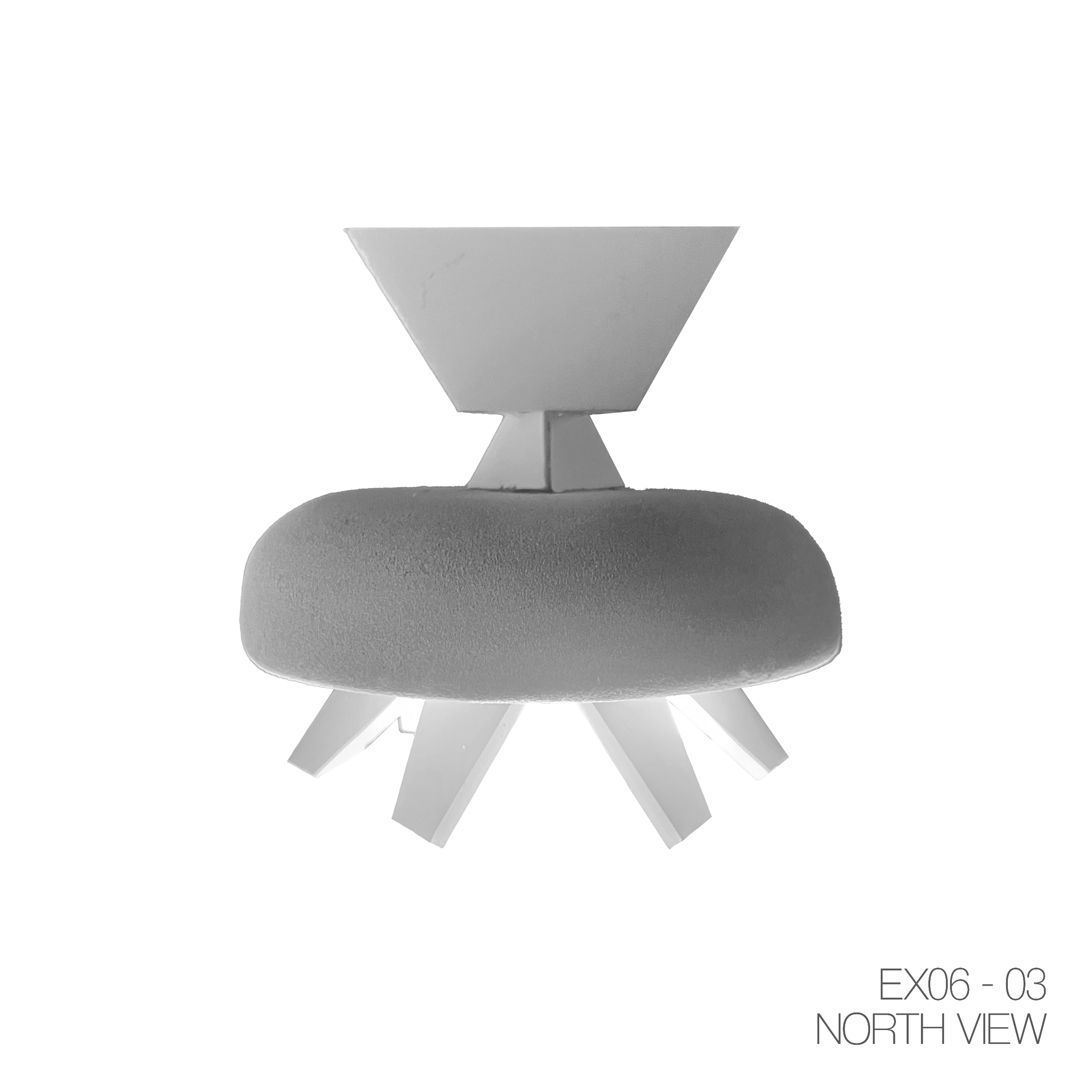 A modern chair with a round, cushioned seat, angled wooden legs, and a geometric backrest in a neutral color, viewed from the north.