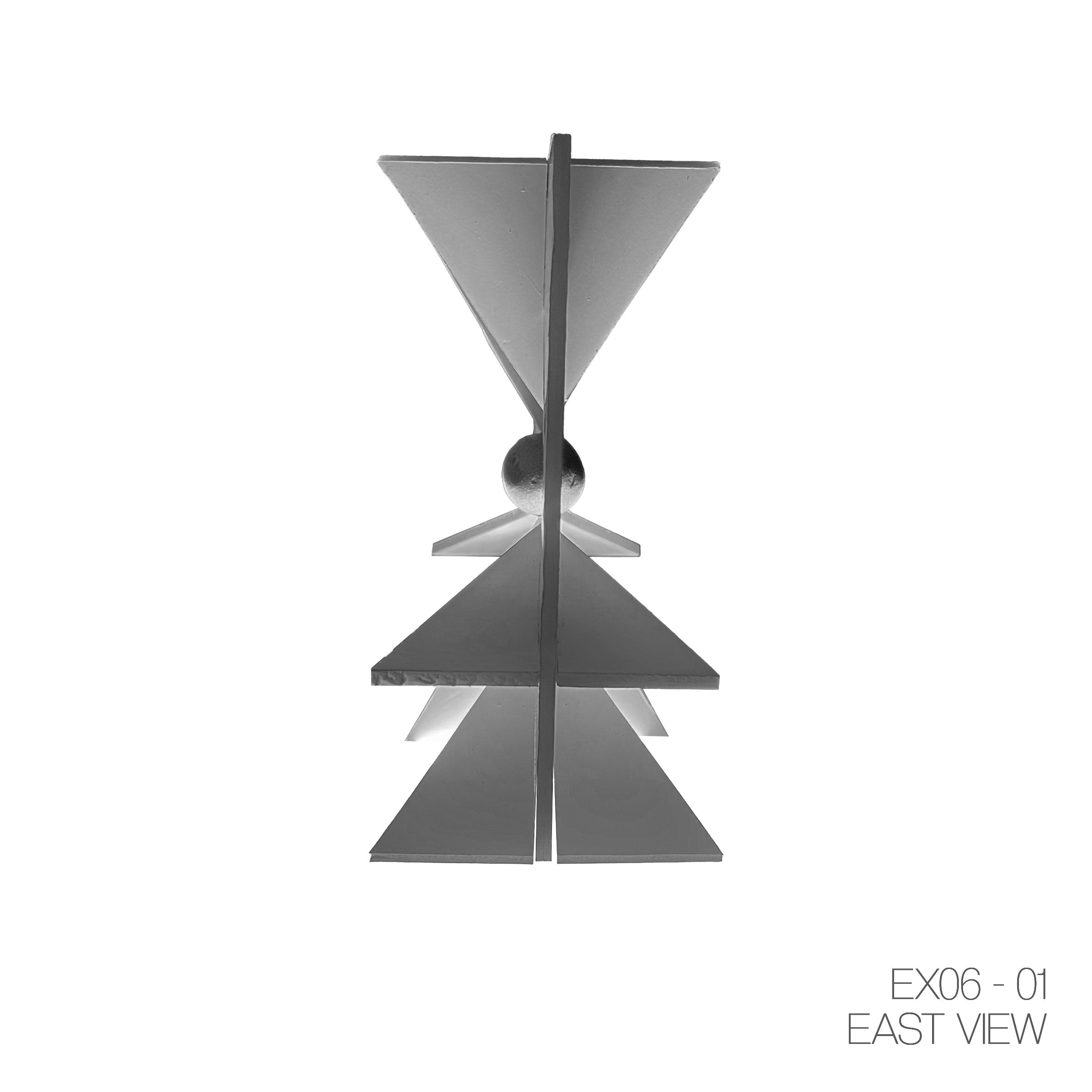 Symmetrical abstract sculpture with triangular and spherical geometric shapes observed from an east view.