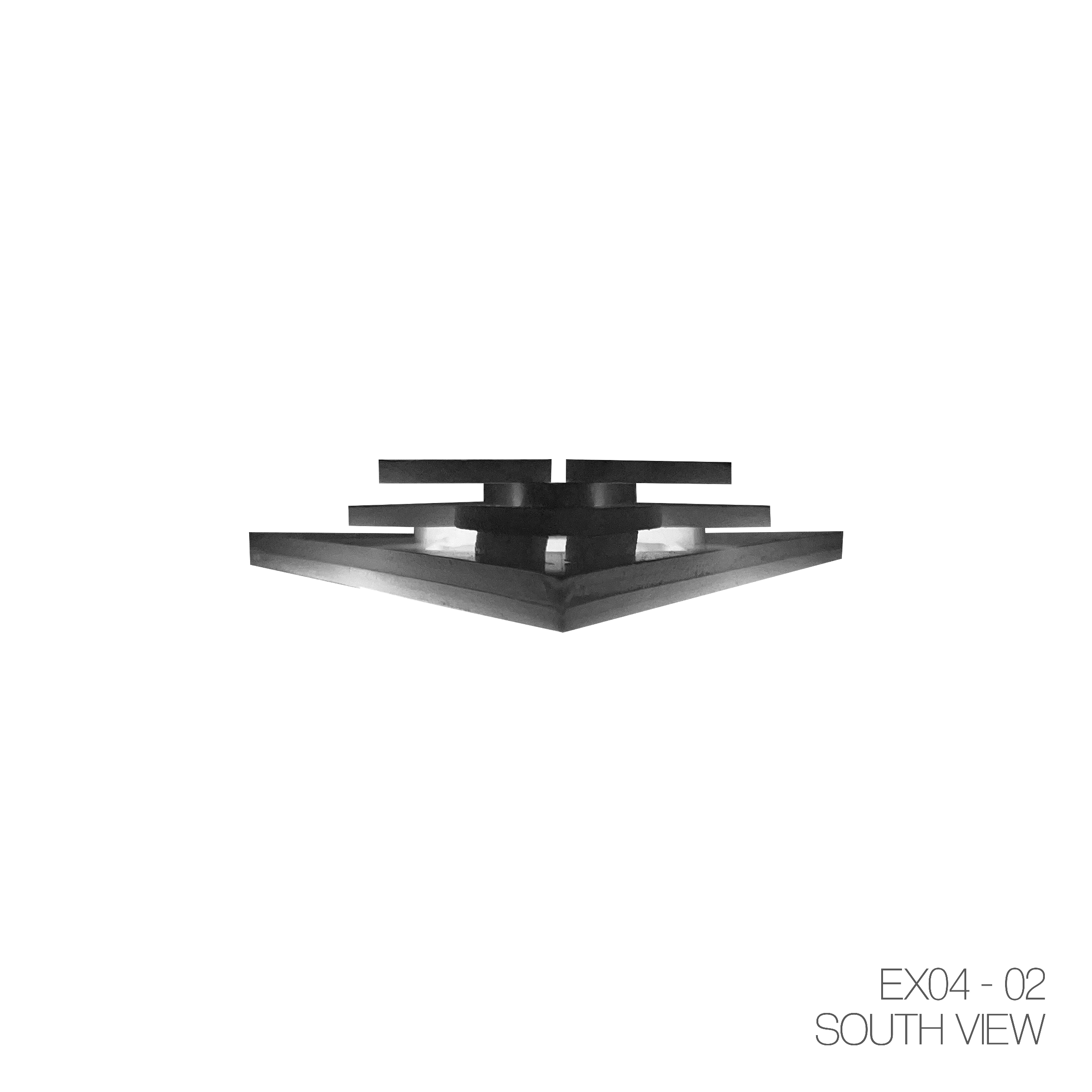 A black and white minimalist image of a modern, geometric art sculpture with layered horizontal and vertical shapes, situated on a square base, labeled 'EX04-02 South View' in the bottom right corner.
