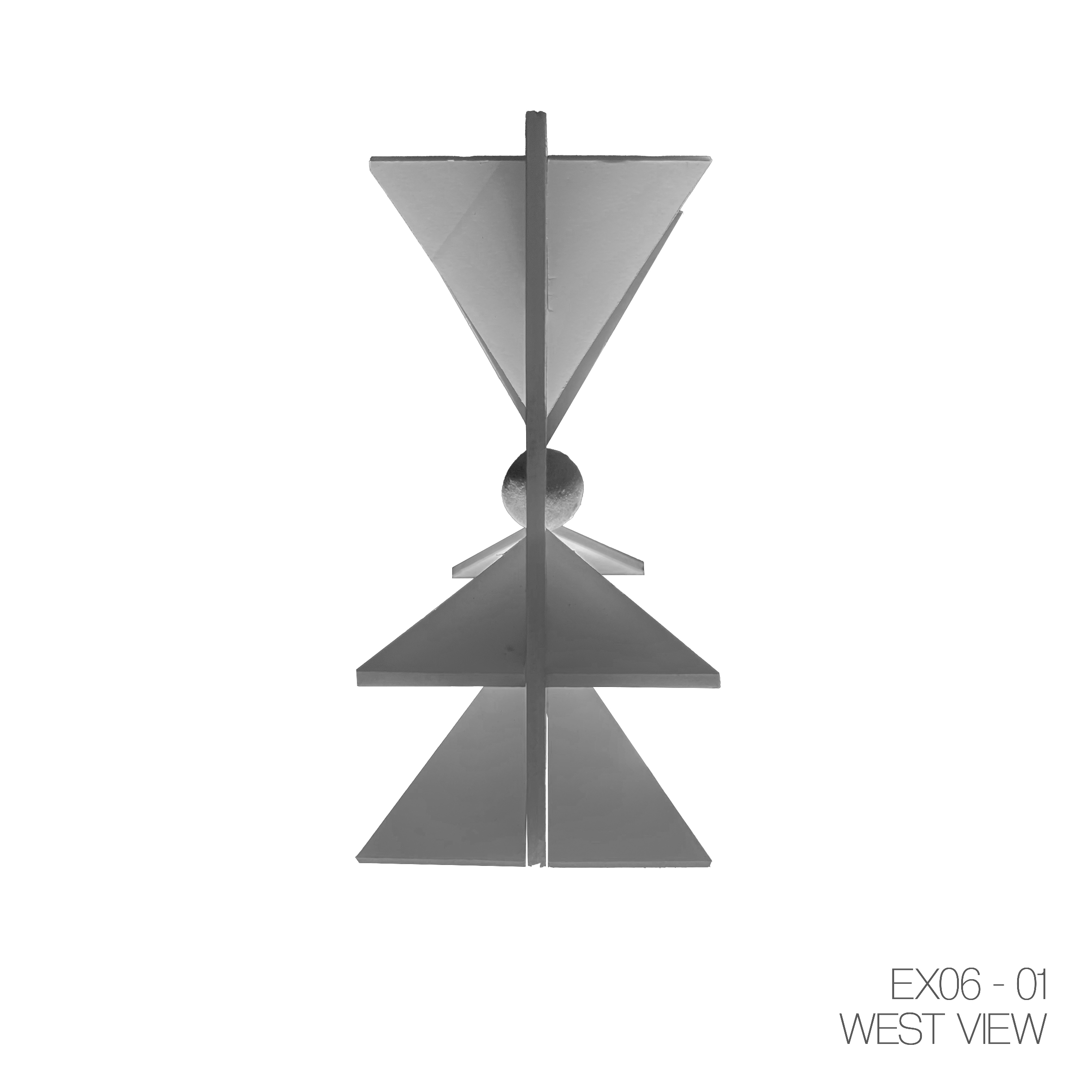 Abstract geometric sculpture with triangular and spherical shapes, symmetrical and grayscale, labeled EX06-01 West View.