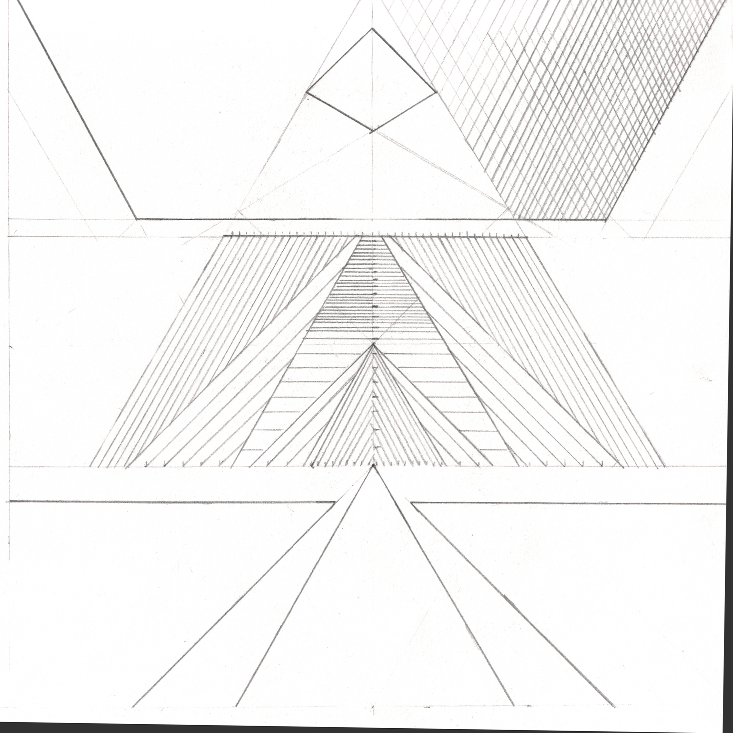 Graph paper with geometric architectural sketches of three-dimensional structures, including pyramids and rectangular prisms, drawn with straight lines and shading.
