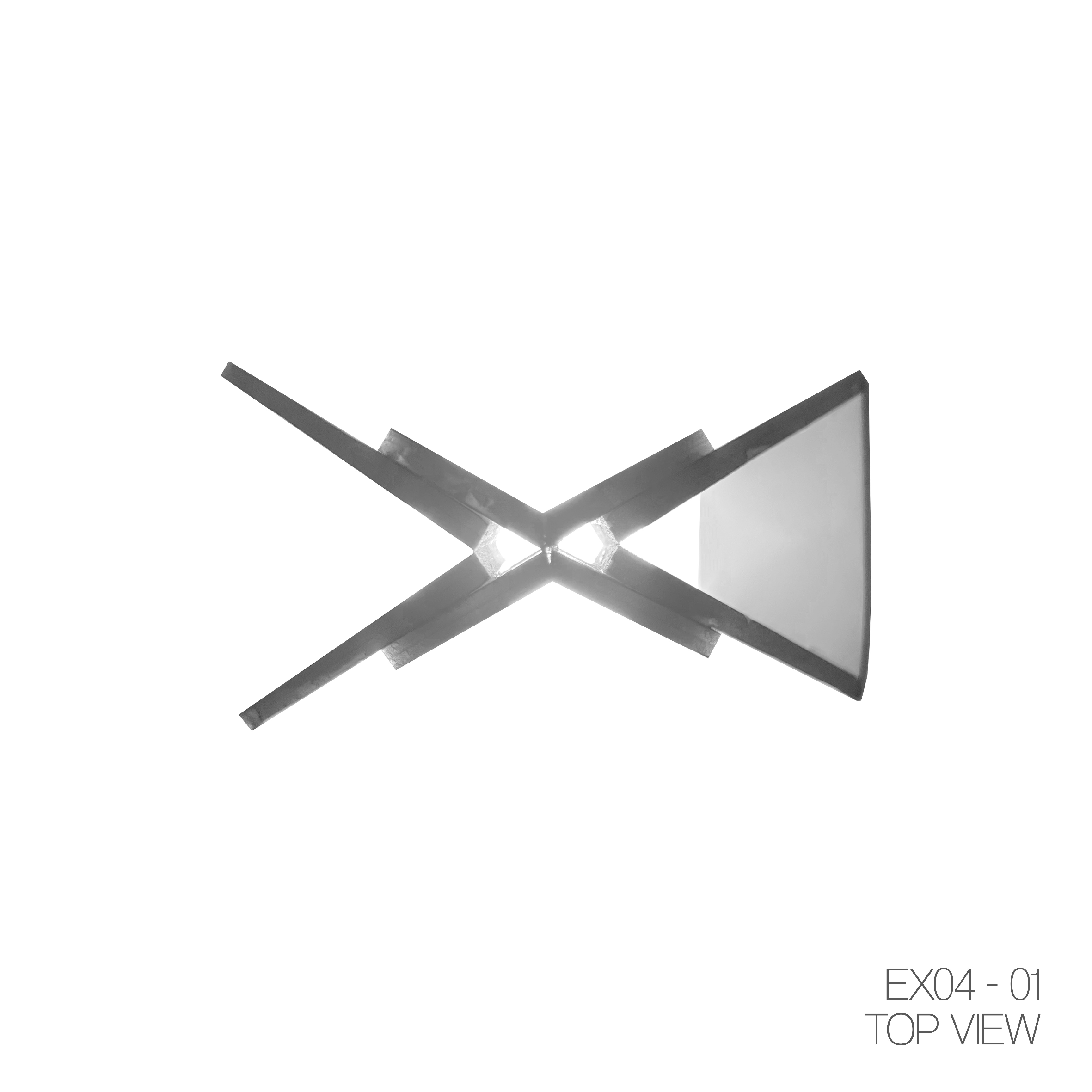 Top view of a metallic X-shaped structure with a light source at the center and a rectangular panel attached to one of the arms. Text on the bottom right reads "EX04 - 01 TOP VIEW."