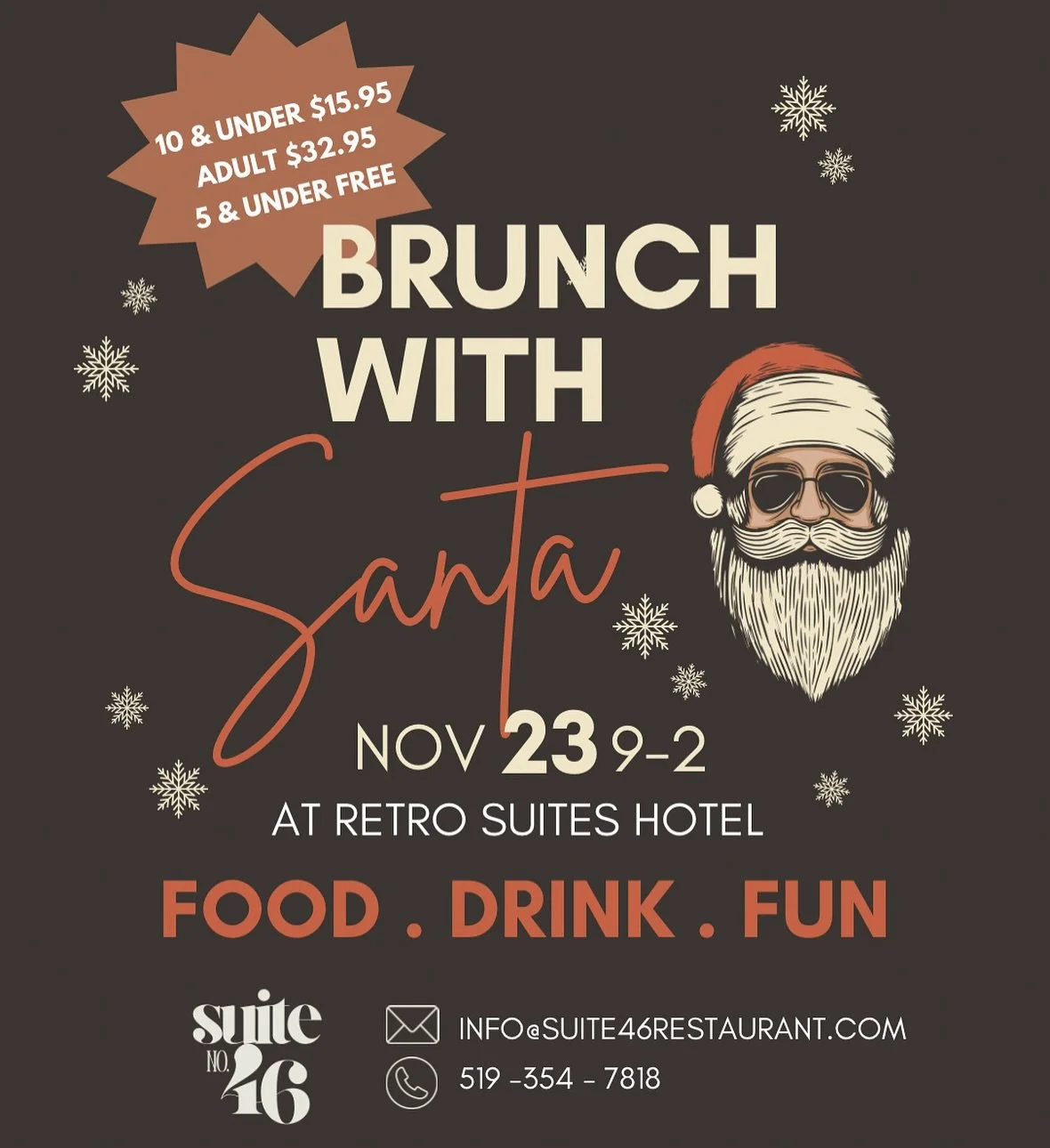 Load up your plates and your camera roll! 😉🎄Santa&rsquo;s coming early and his first stop is Retro Suites Hotel 📍Join us on November 23rd for our brunch with Santa! We will be serving up all the faves you crave &mdash; Suite 46 style.  From tasty 