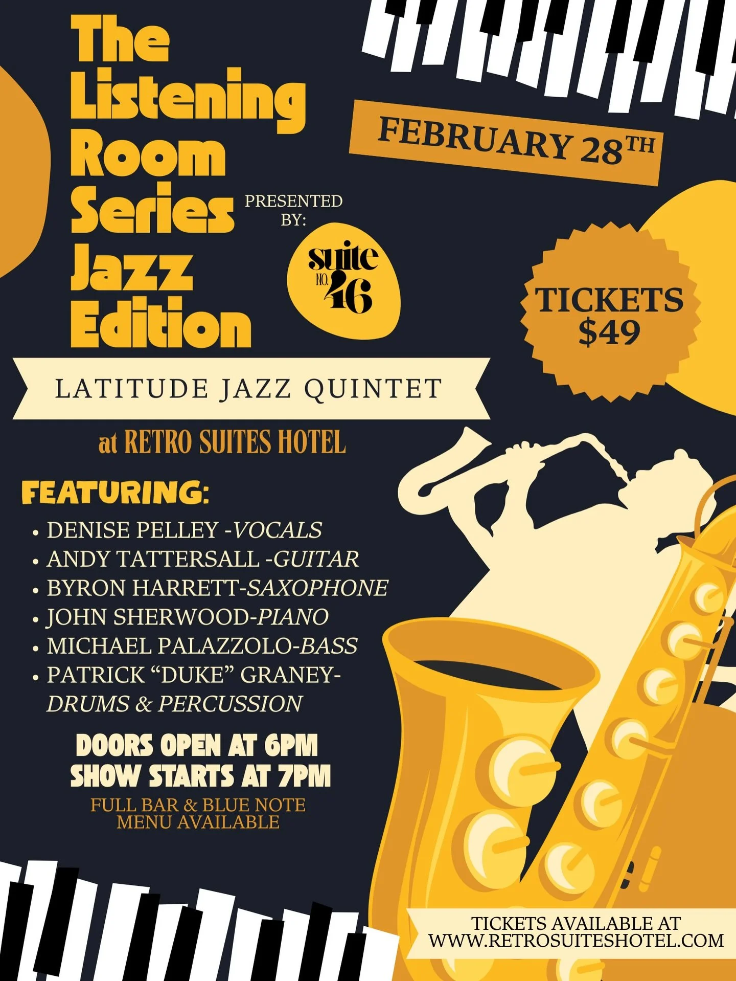 This one&rsquo;s for the music lovers 🎶
Join us for The Listening Room Series: Jazz edition. Featuring the Latitude Jazz Quintet 🎷

Experience live jazz in a fun, yet intimate setting at Retro Suites Hotel. 

📅 February 28th | Doors 6PM | Show 7PM